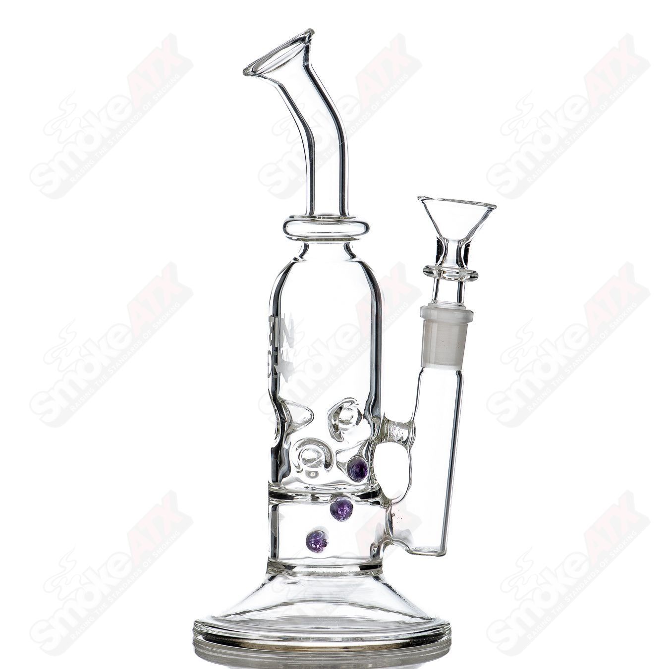 Purple 9.5-inch glass bubblers ice pinch perc rig with color dot reduction, made by Austin Made Glass Co.