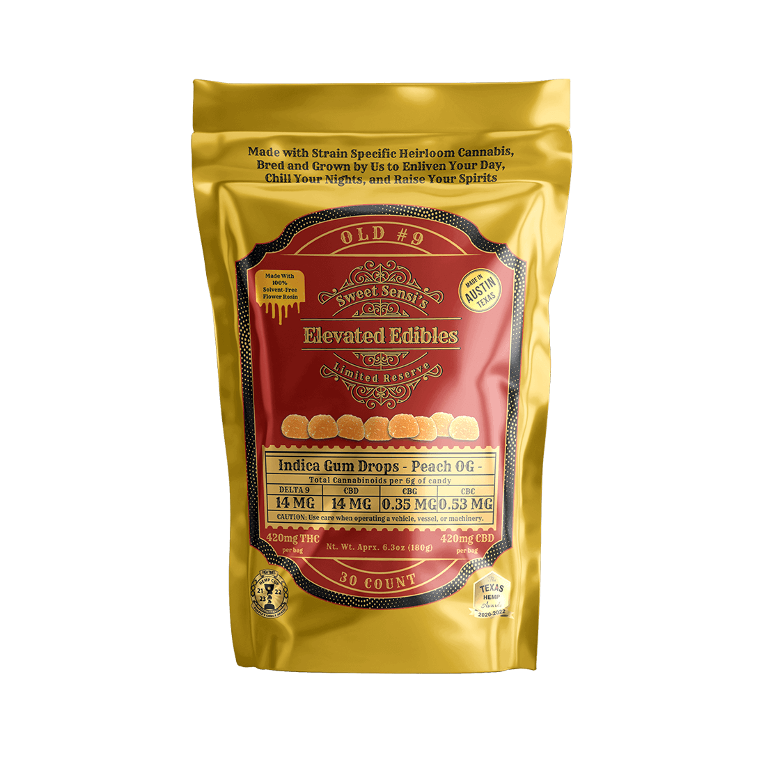 Sweet Sensi Peach OG Indica hemp THC gummies, 30 count, with 420mg D9, featuring peach flavor and chewy gummy texture.