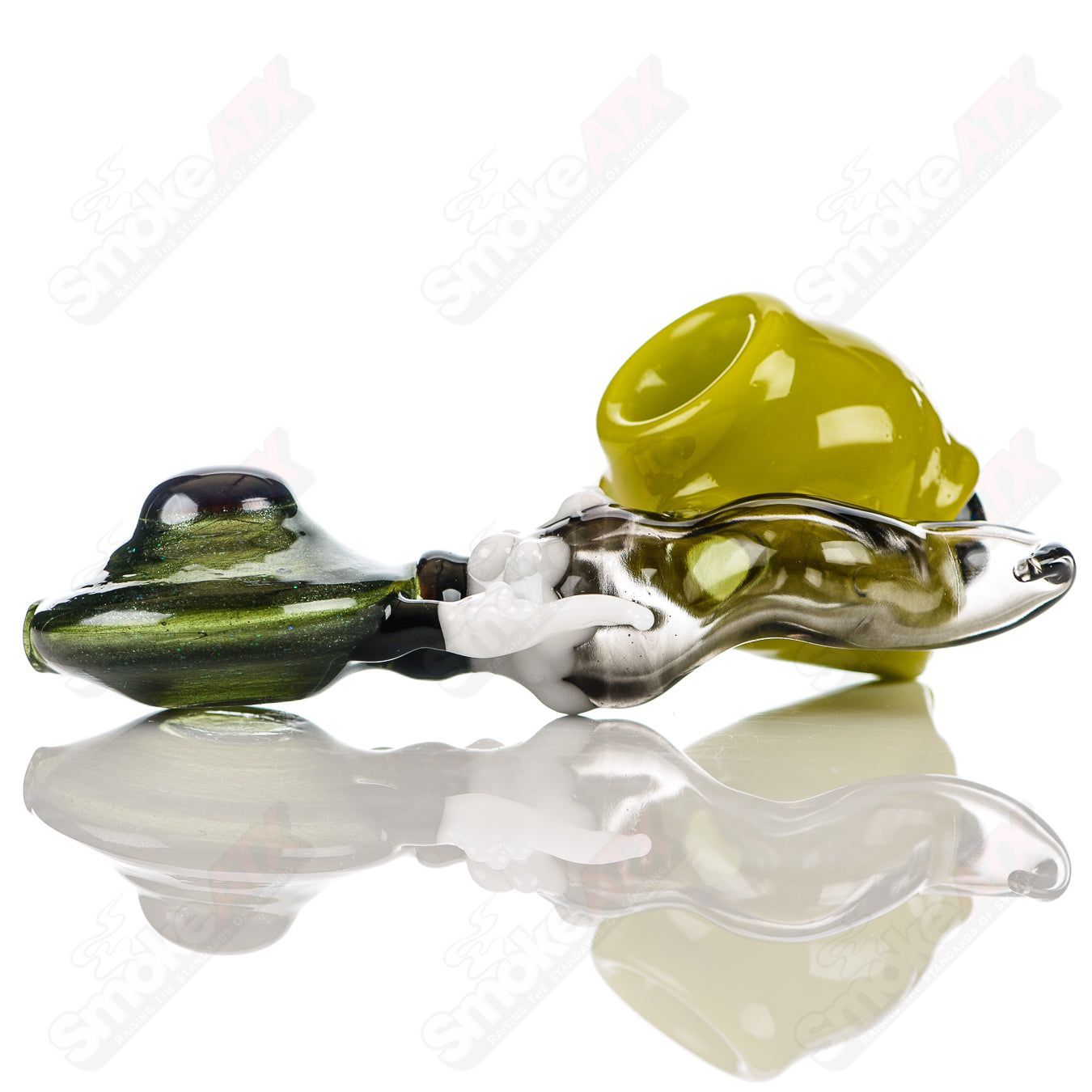 Ghost Glass Alien Sidecar Dry Pipe, heady Sherlocks glass piece with intricate alien and vehicle design, clear glass craftsmanship