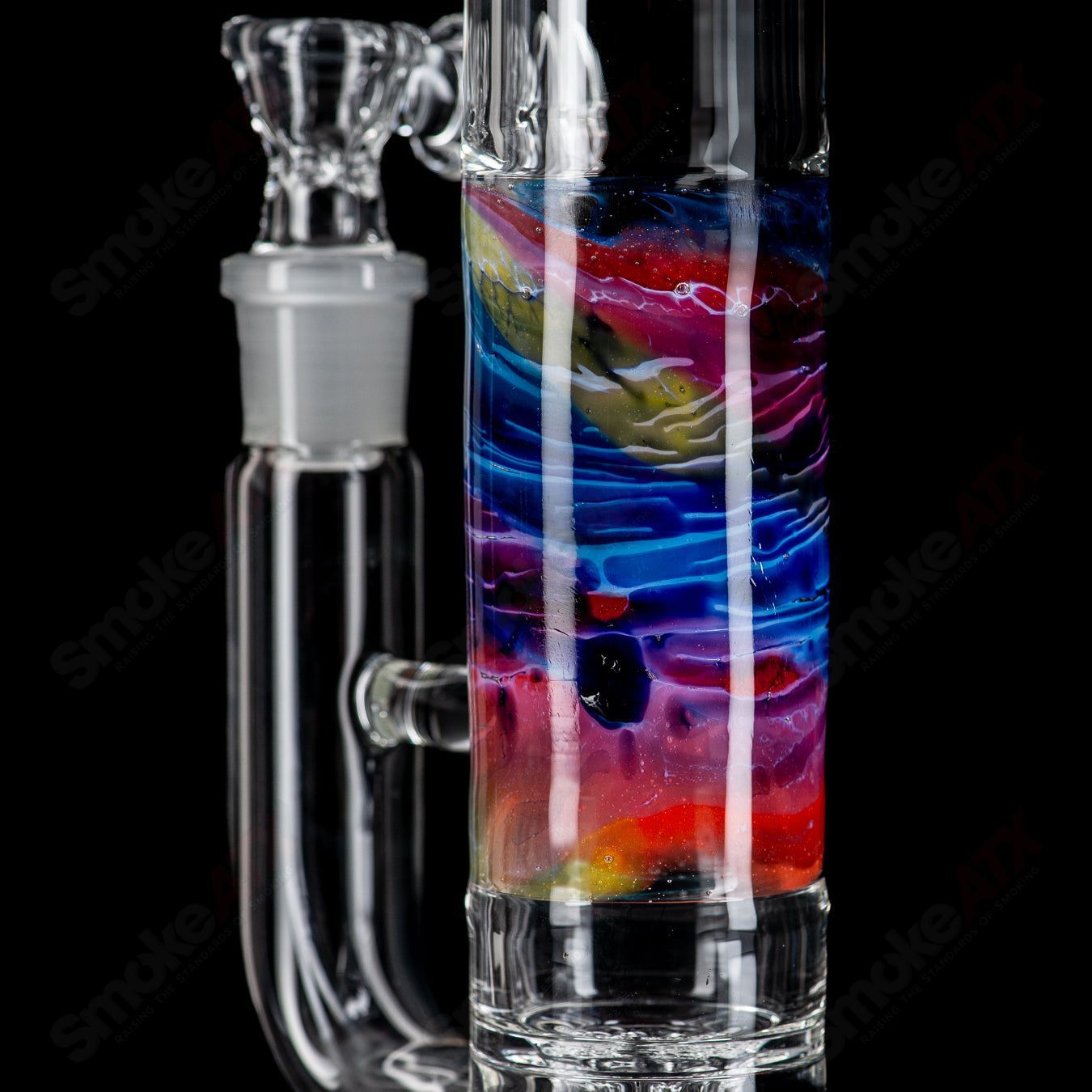 20-inch rainbow fade Apolocoline straight glass tube with 14mm bowl by Dirty Rico Glass, featuring vibrant rainbow colors and clear design.
