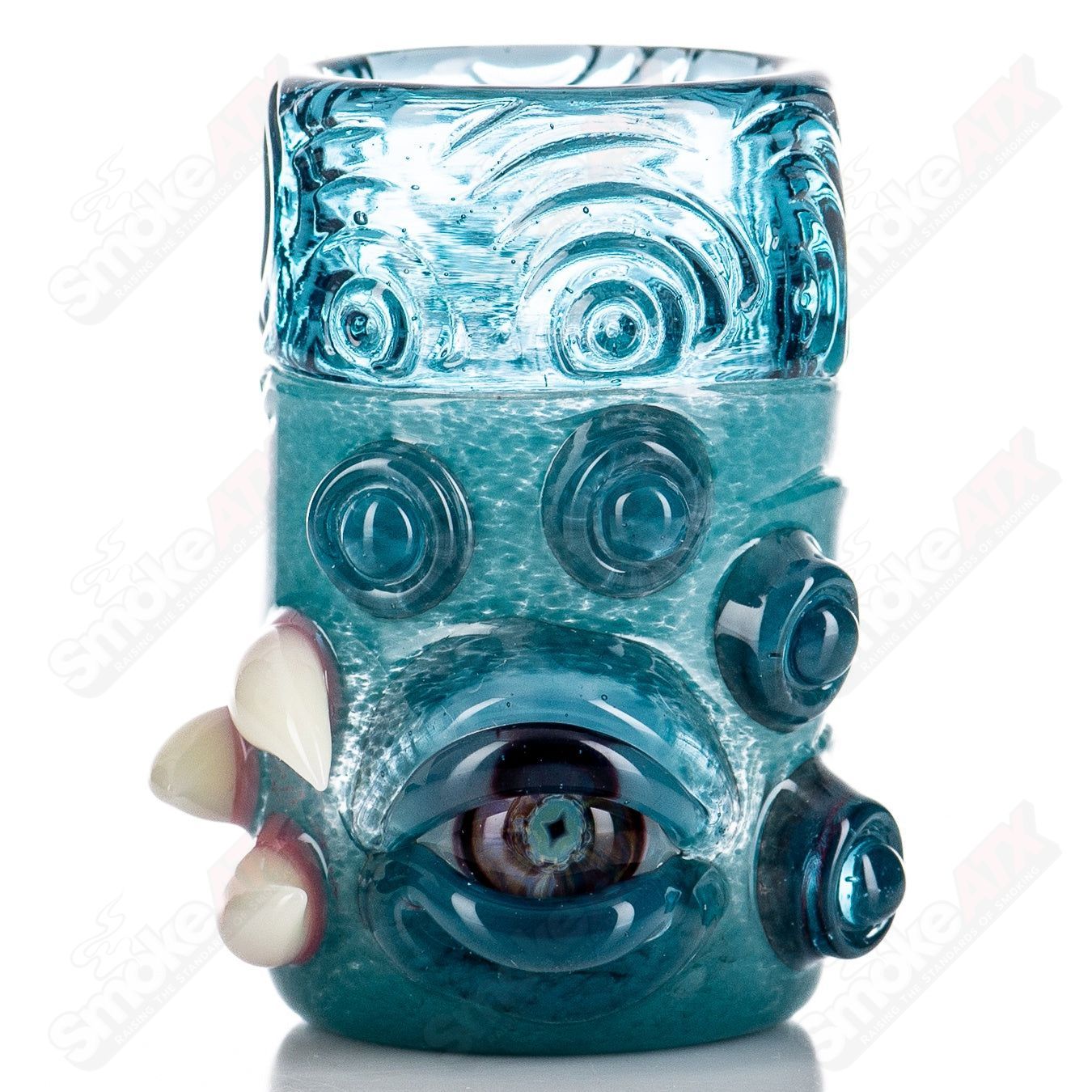 Aqua Azul Blue Dream shot glass by Salt Glass, clear heady glass cup with vibrant blue design, perfect for enjoying beverages.