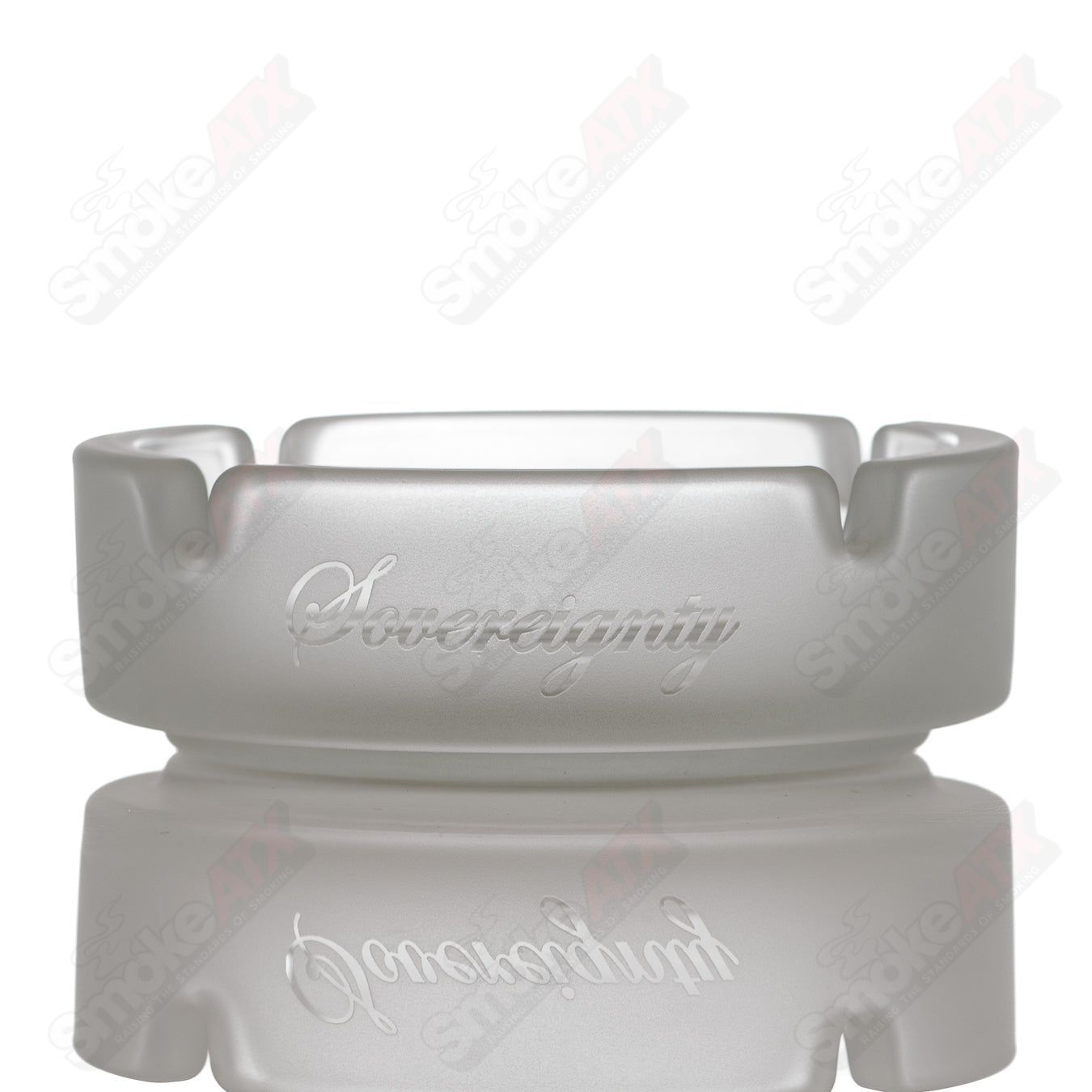Frosted glass ashtray with Bowtie Retti pattern by Sovereignty Glass, featuring a sleek design and circular shape.