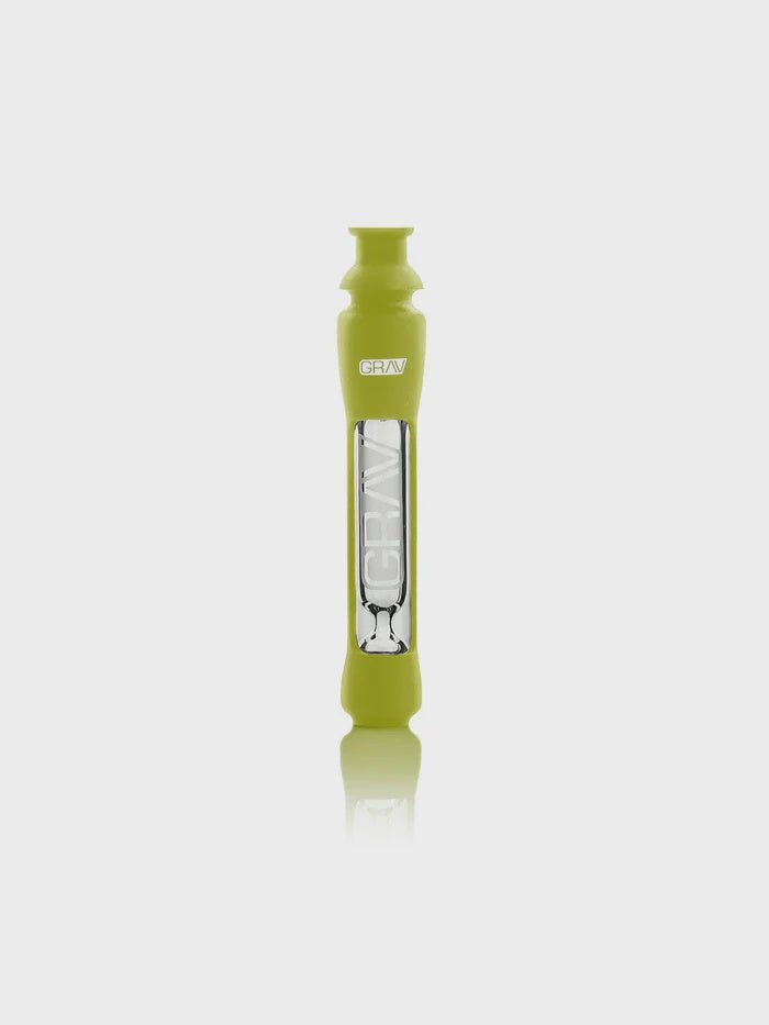 Avocado green 12mm Grav glass grav taster with silicone sleeve for easy handling and durability.