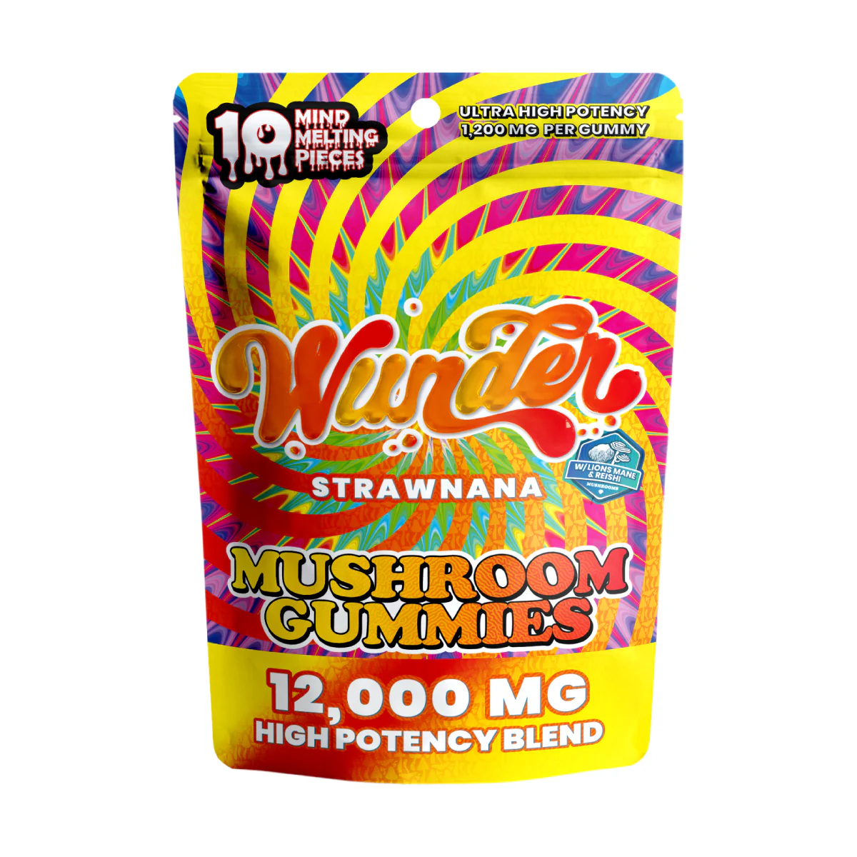 Wunder Strawnana Mushroom Edibles, 12,000mg nootropic blend, 10-piece gummies with strawberry banana flavor, natural mushroom supplement