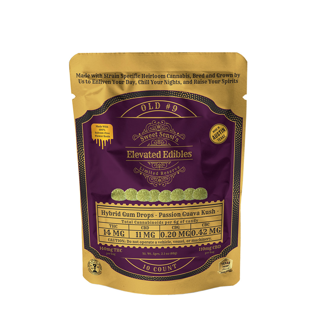 Sweet Sensi 140mg D9 Hybrid hemp gummy drops in passion guava kush flavor, showing colorful gummy candies in a clear container.