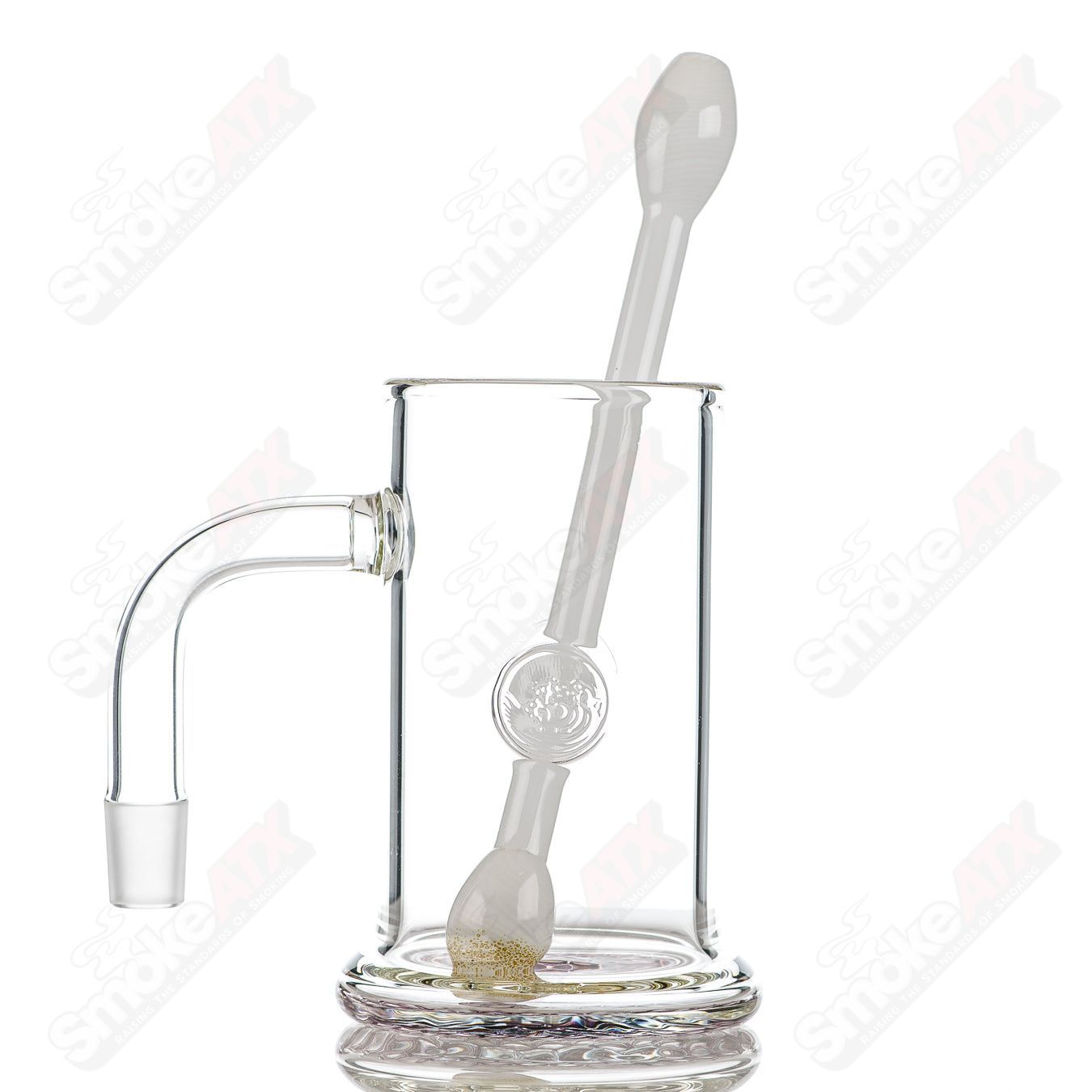 Surf Rat Glass Bangin Mug with gold ruby accent bottom and Q-tip straw, handcrafted heady glass cup with artistic design.
