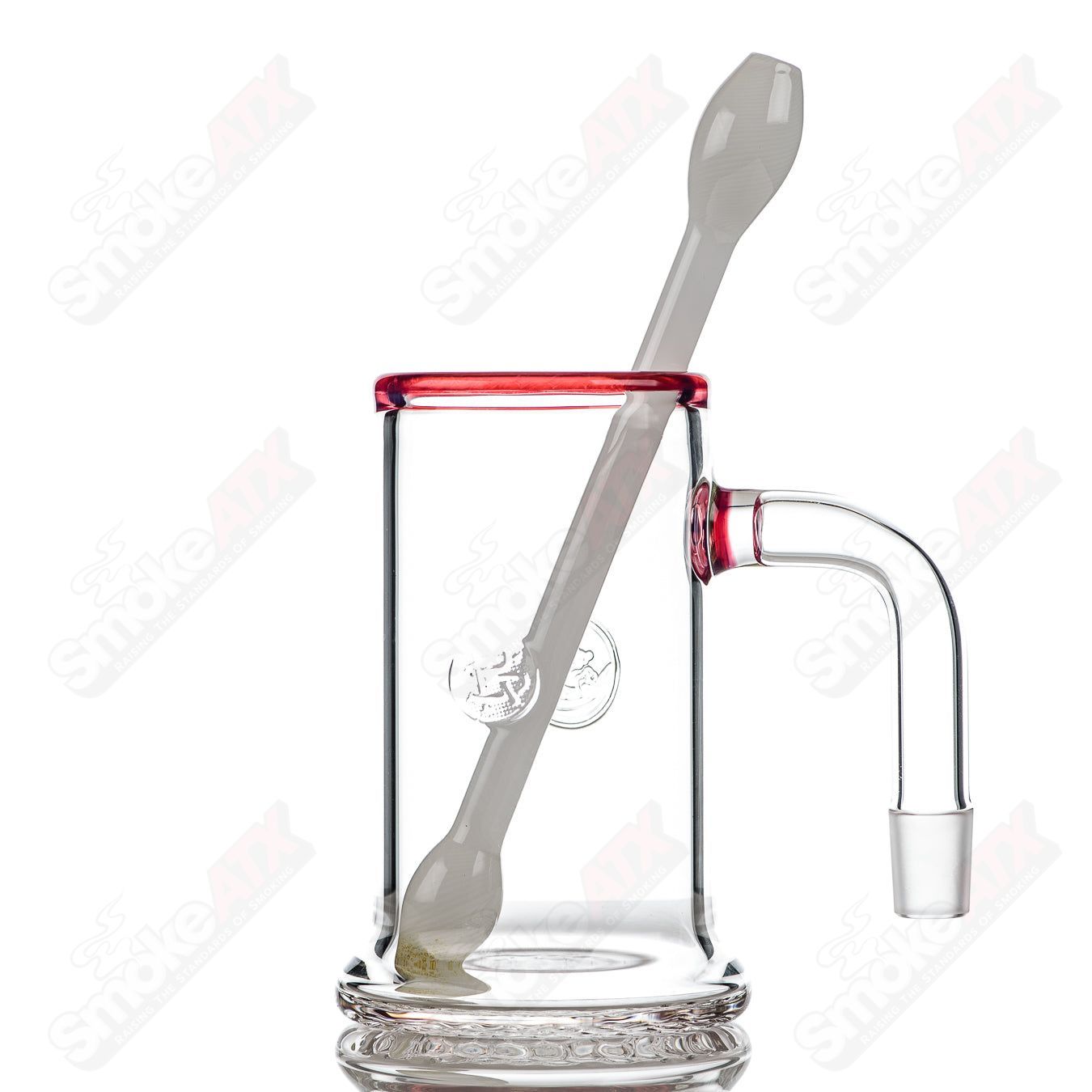 Surf Rat Glass Bangin Mug with Telemagenta accent rim and Q-tip straw, heady glass cup with vibrant design and surf rat logo.