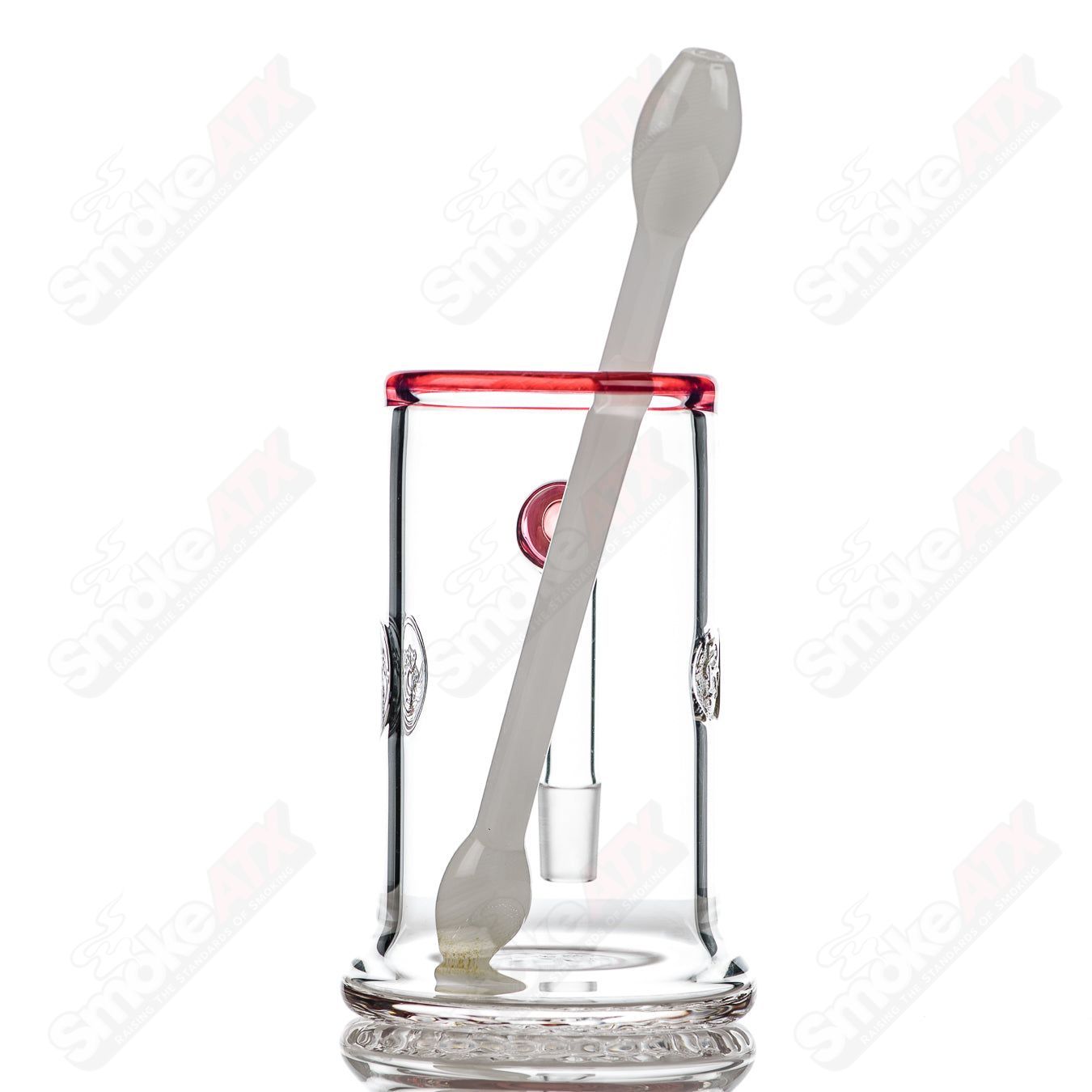 Surf Rat Glass Bangin Mug with Telemagenta accent rim and Q-tip straw, featuring a surf rat design on a clear heady glass cup.
