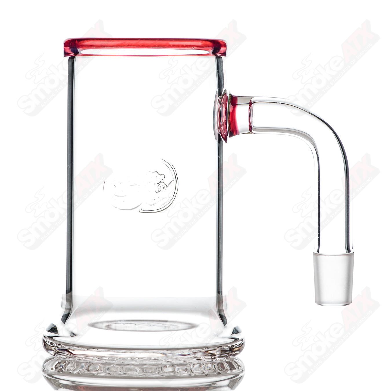 Surf Rat Glass Bangin Mug with Telemagenta accent rim and Q-tip straw, heady glass cup with vibrant design and clear surf rat branding.