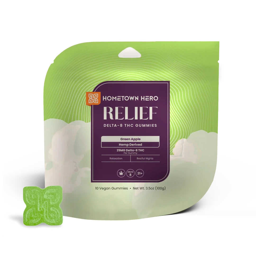 Hometown Hero Green Apple Delta 8 hemp edibles relief gummies, 250mg, featuring green apple flavor and gummy texture.
