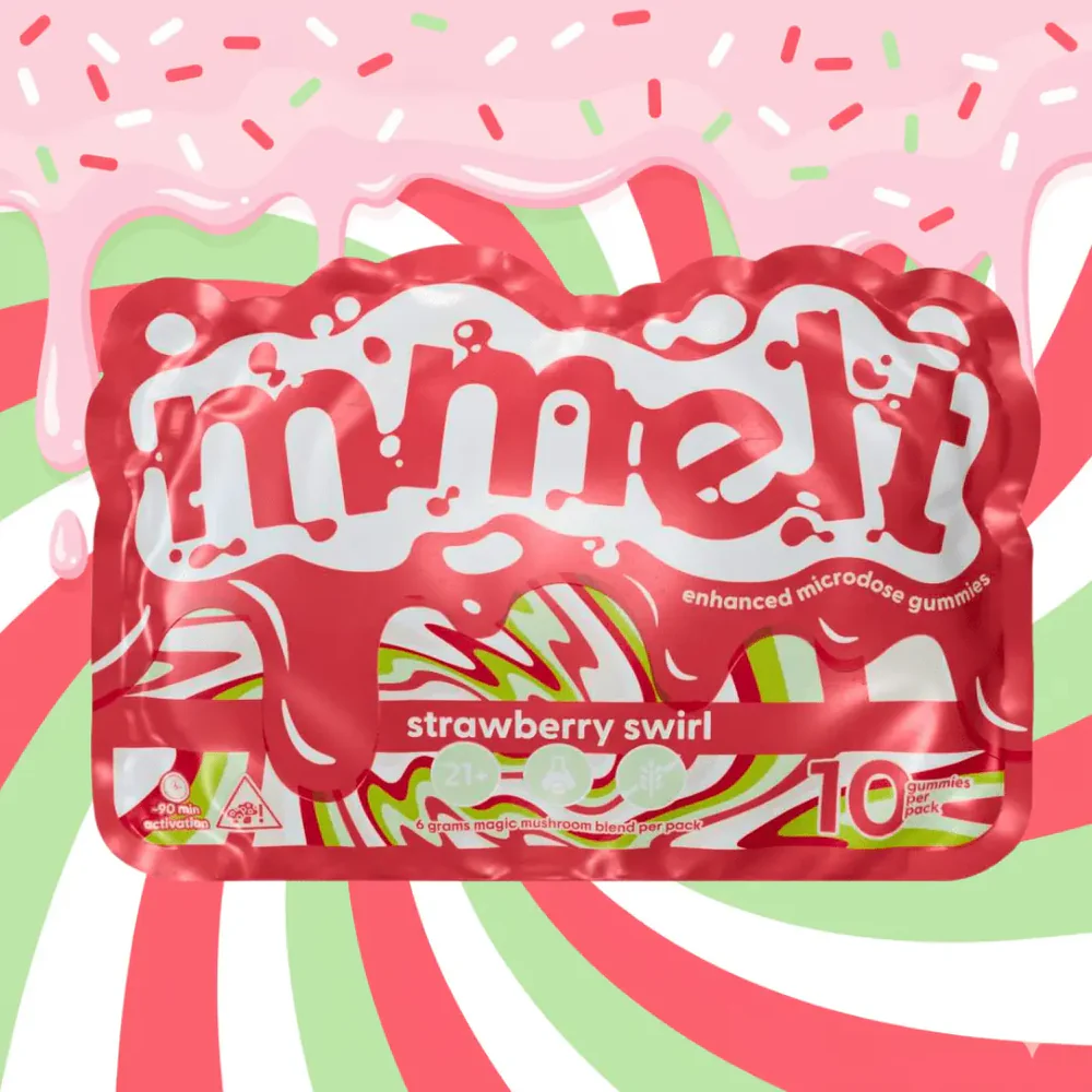 10-pack of MMelt Strawberry Swirl Mushroom Edibles gummies, featuring colorful mushroom shapes and vibrant strawberry swirl design.