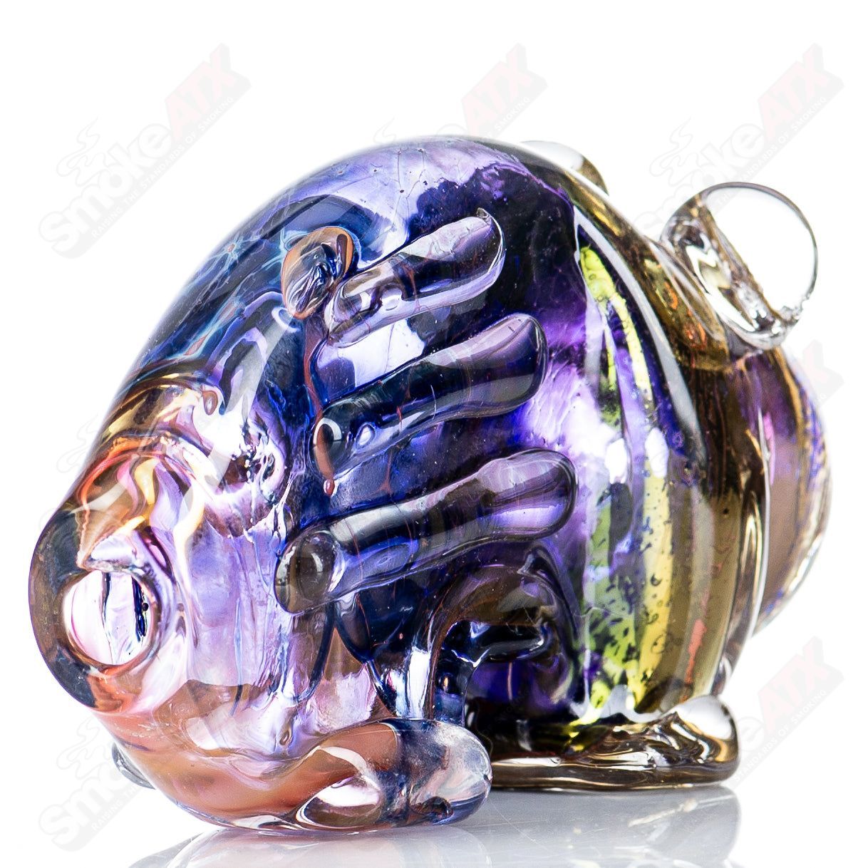 Glass pipe featuring a bear totem design by Nobody, showcasing clear glass with detailed bear imagery and smooth curves.