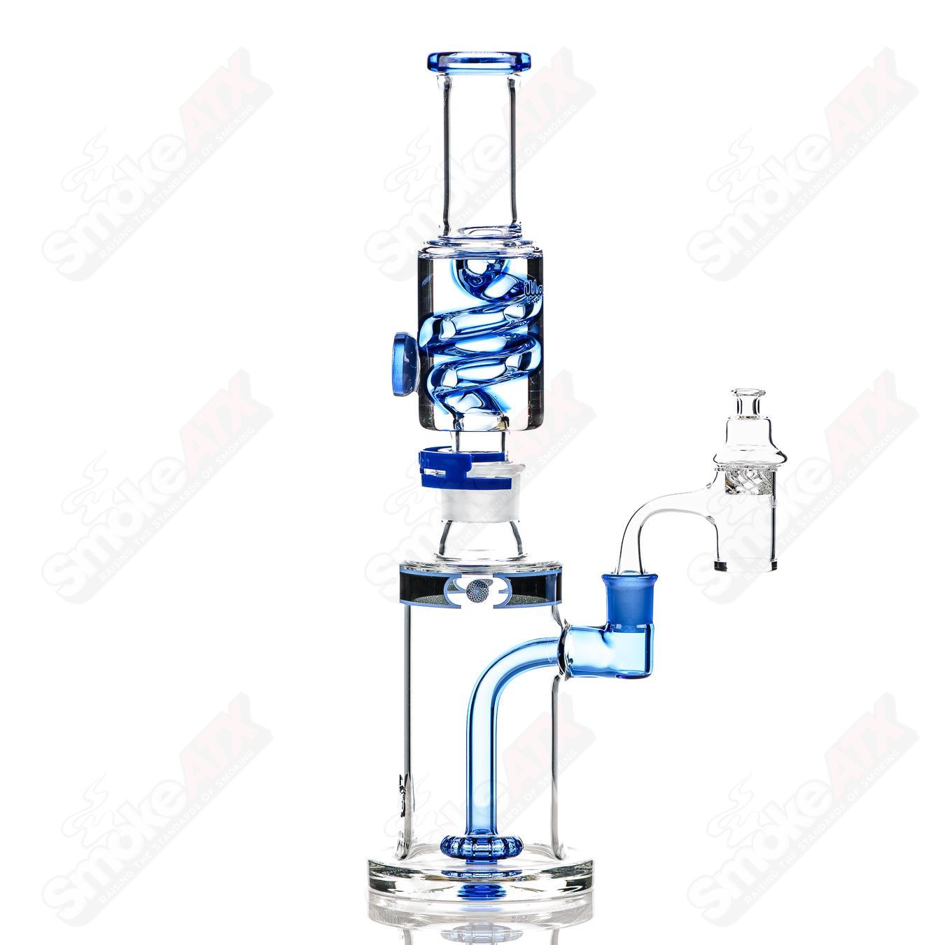 Illadelph Sea Blue Glycerin Coil Bubblers by Ben Danklin, clear glass with blue accents and glycerin cooling chambers.