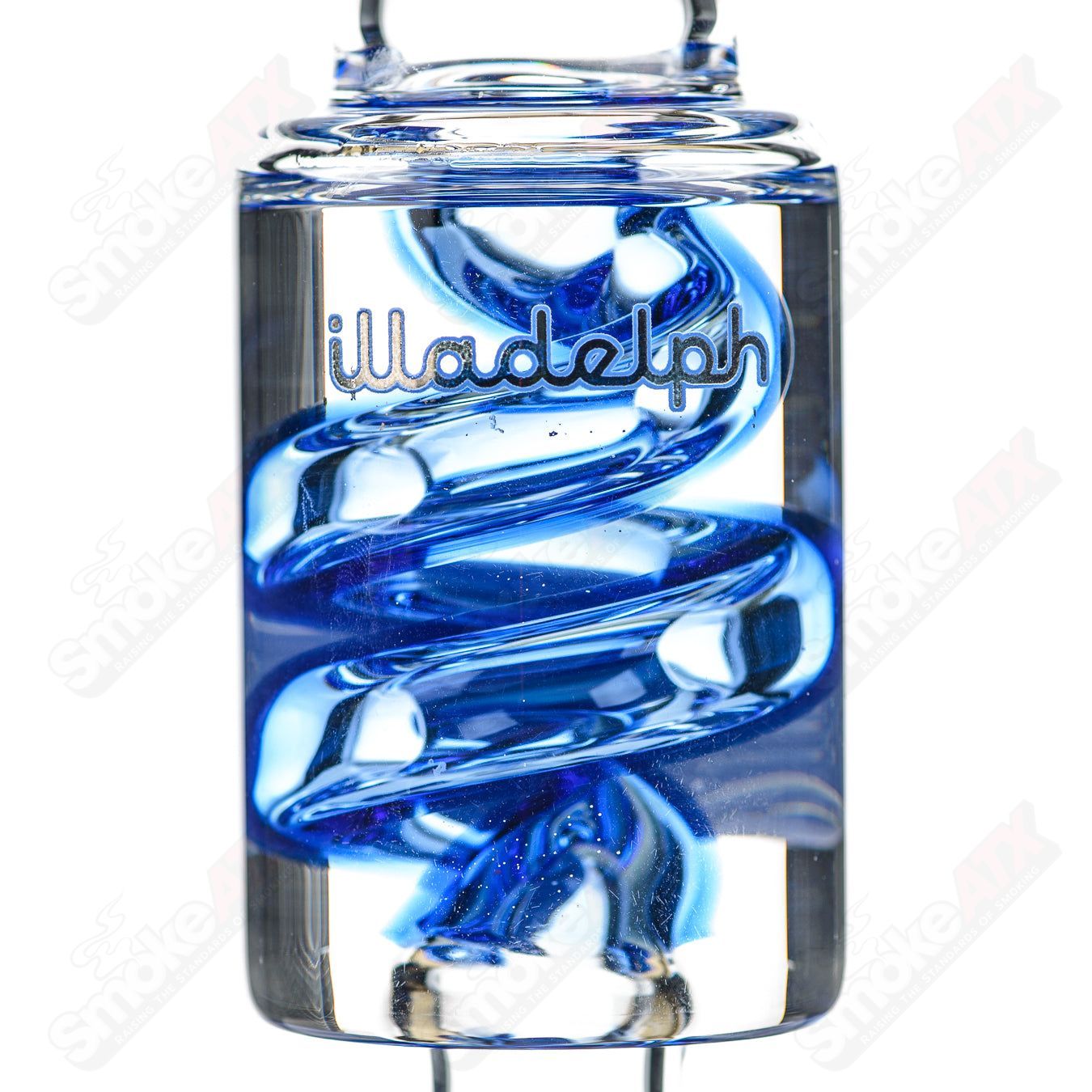 Illadelph Sea Blue Glycerin Coil Bubbler glass pipe with intricate blue design and clear glass accents.