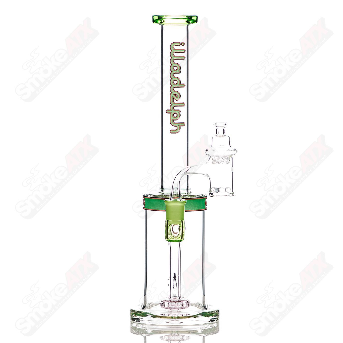 Ben Danklin Watermelon straight tube rig by Illadelph, clear glass concentrate rig with green watermelon design and sturdy base.