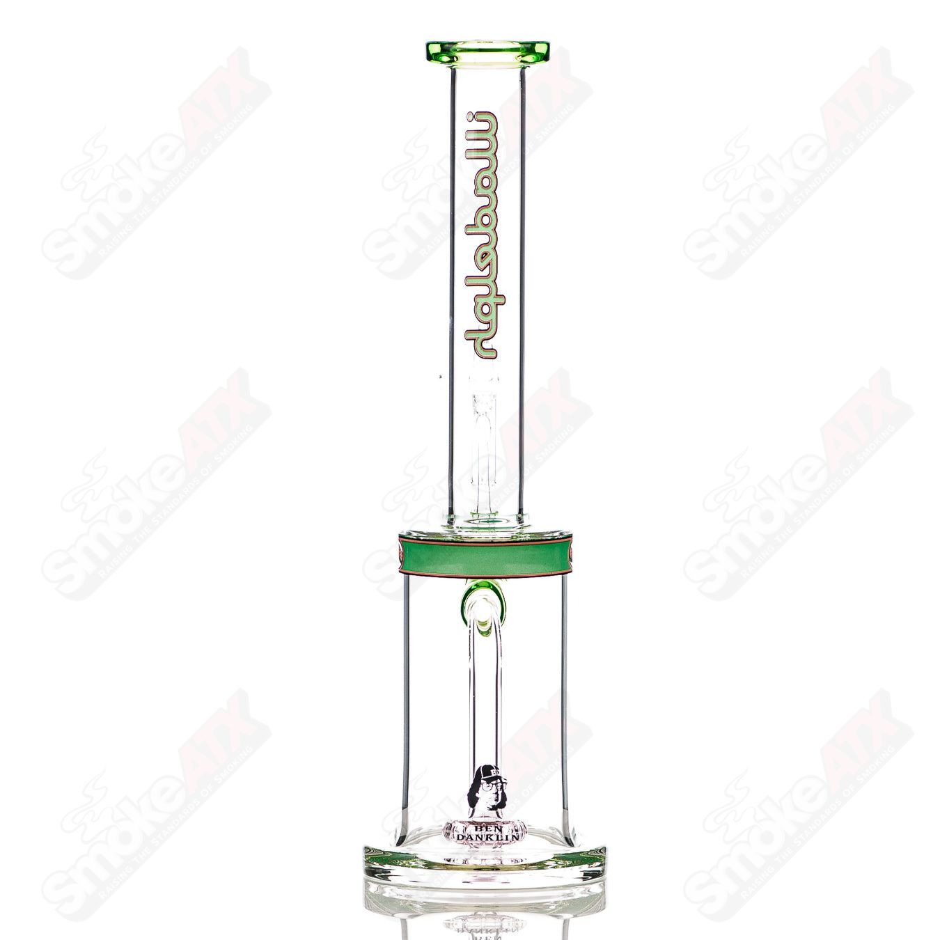 Ben Danklin Watermelon Straight Tube Rig by Illadelph, clear glass concentrate rig with watermelon design and straight tube shape.