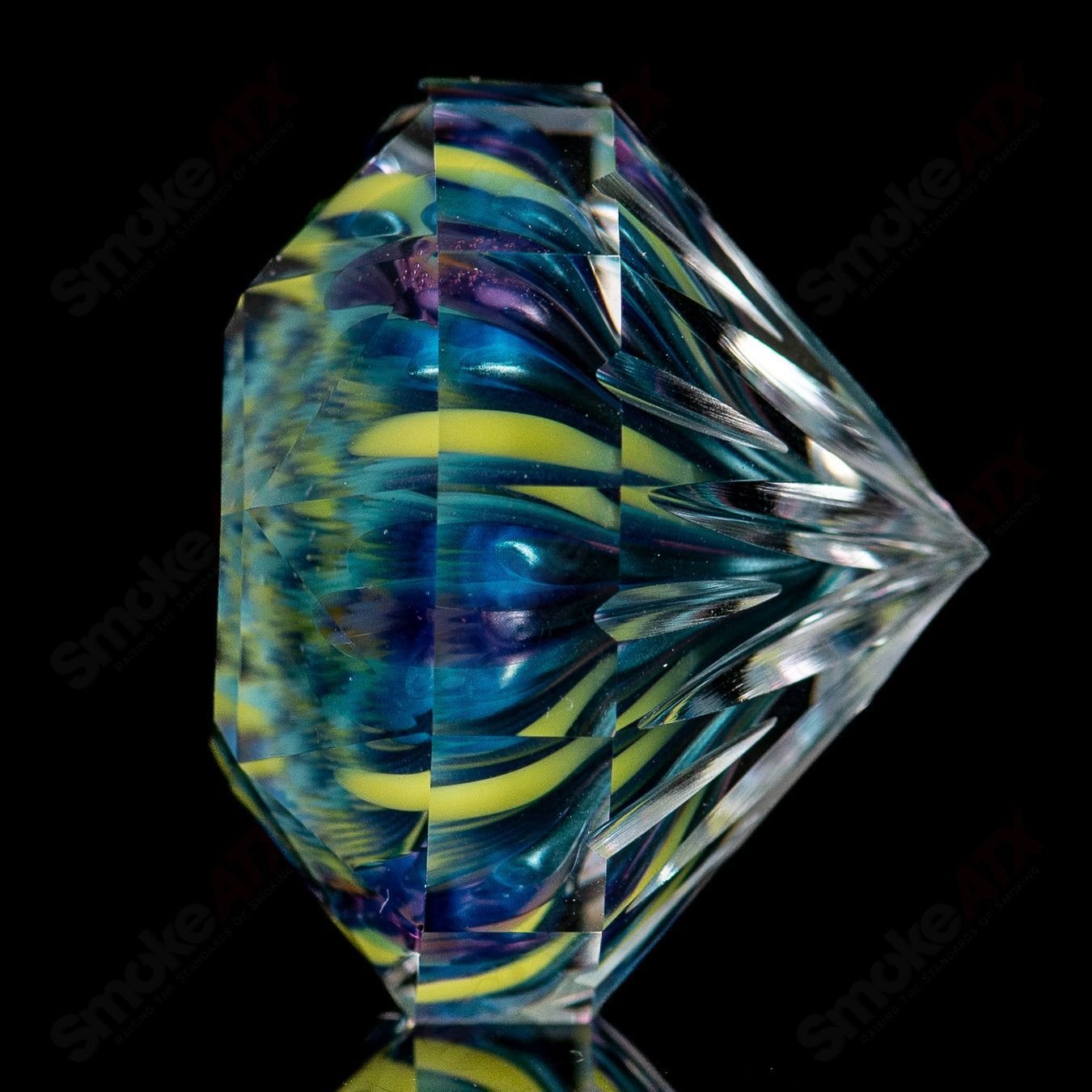 Big Gem Fatal Facets x Introvert glass with colorful marble details, heady glass art piece featuring intricate design and vibrant accents.