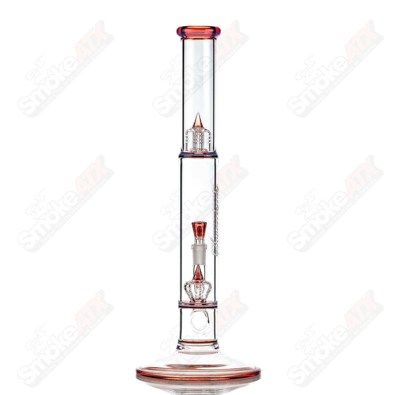 Sovereignty Glass Bishop 50-44 Imperial Straight Tube with full accent seals and fruit basket design, clear glass, detailed craftsmanship.