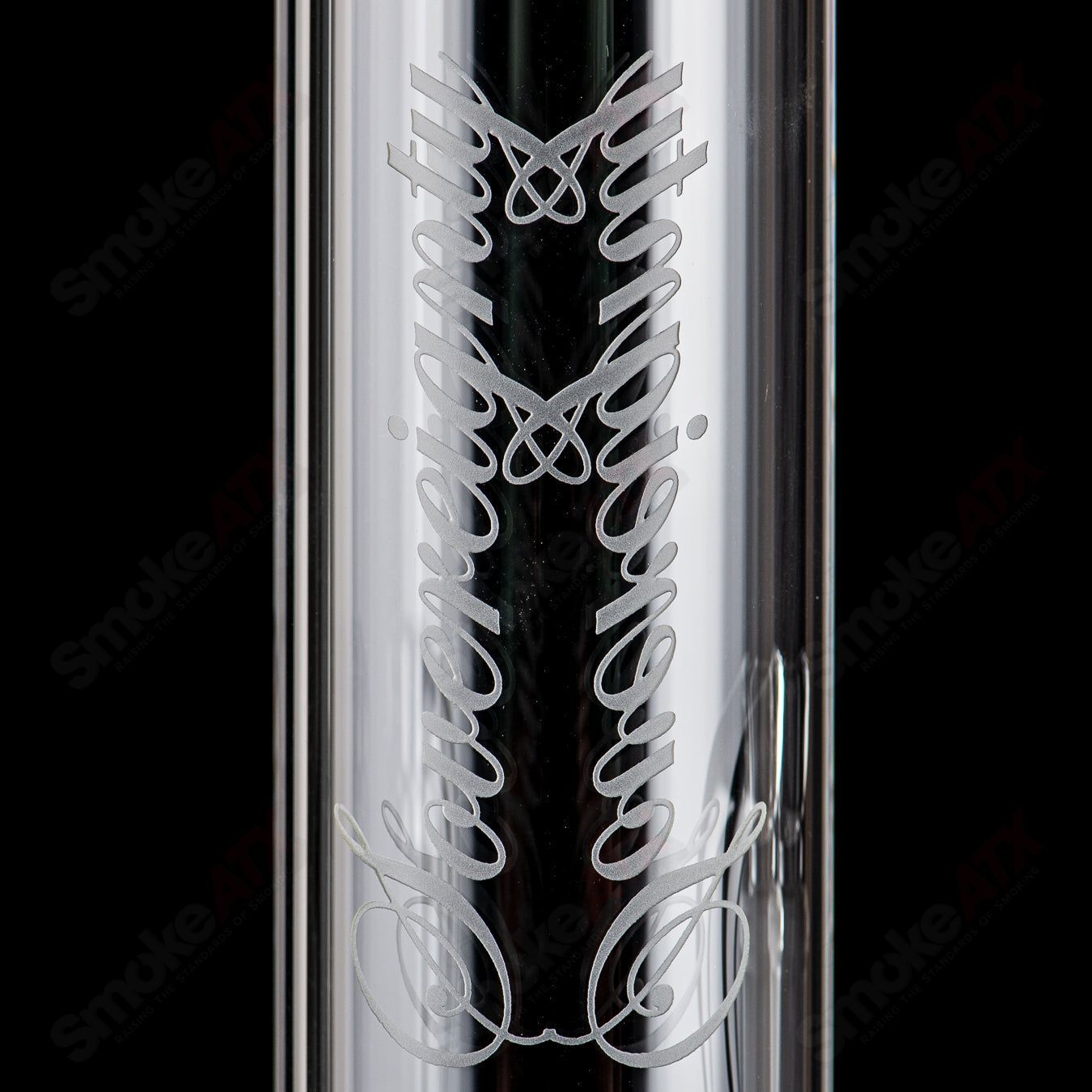 Clear Bishop Mini3 straight glass tube with Millie Sovereignty Glass design, showcasing intricate glass craftsmanship.