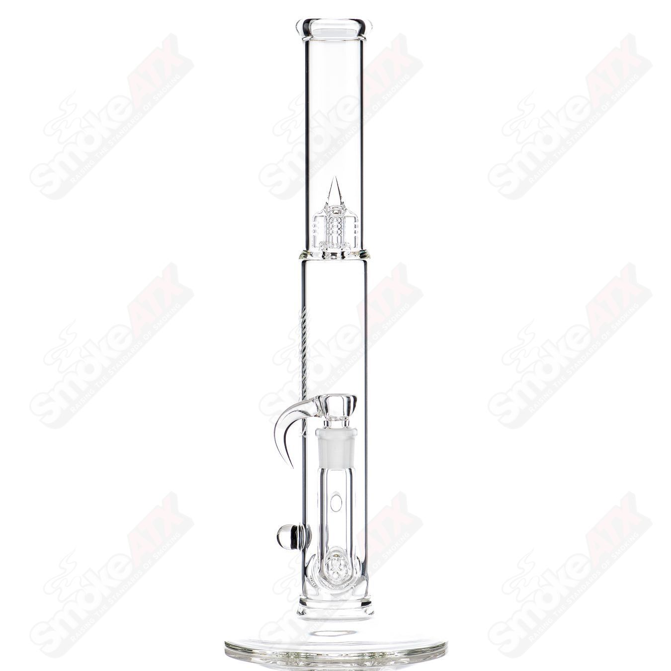 Clear Bishop Mini3 straight glass tube with Millie Sovereignty Glass branding, showcasing a sleek, transparent design and craftsmanship.