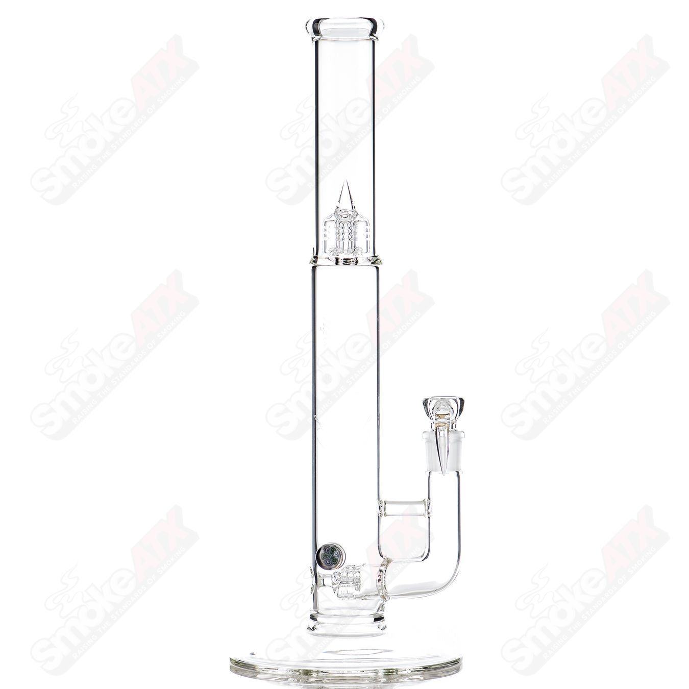 Clear Sovereignty Glass Bishop Mini3 straight tube with Millefiore accents, showcasing intricate glass art and craftsmanship.