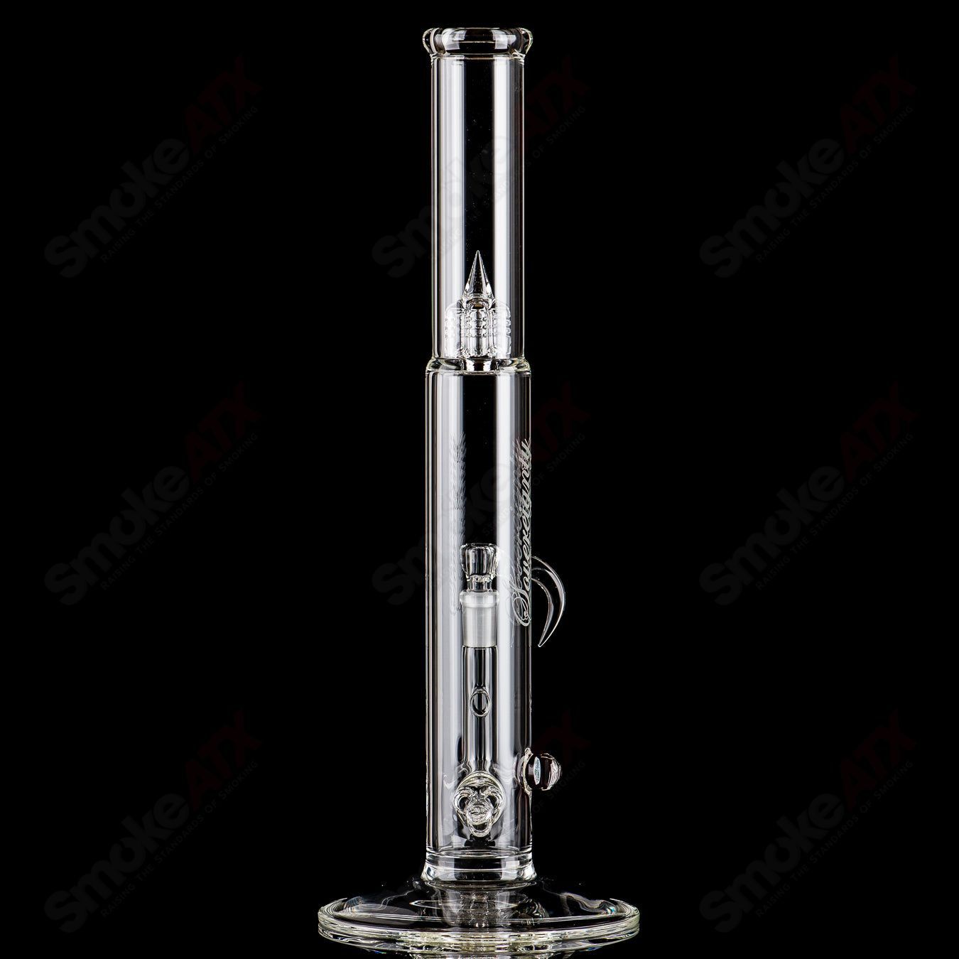Clear Bishop Mini3 straight glass tube with Millie Sovereignty Glass branding, featuring intricate design details.
