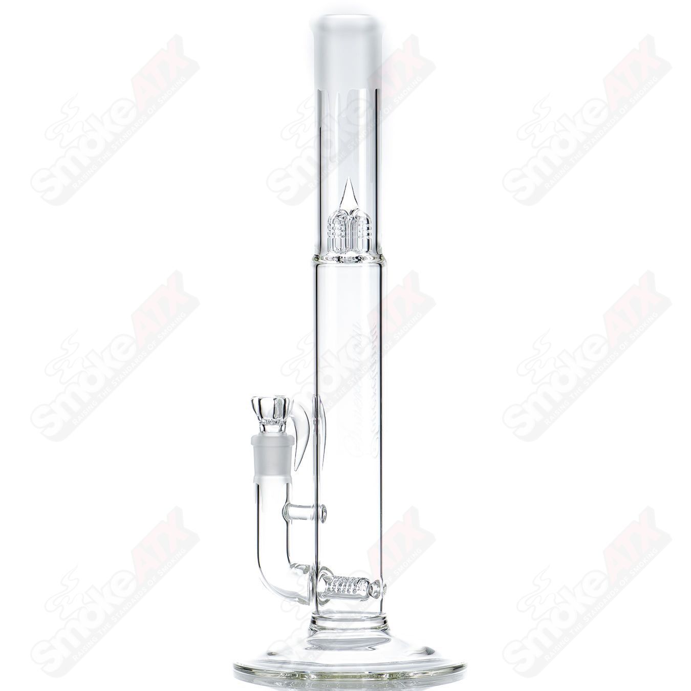 Sovereignty Glass Bishop Stemline clear straight tube with orange and black Halloween pattern design on the glass.