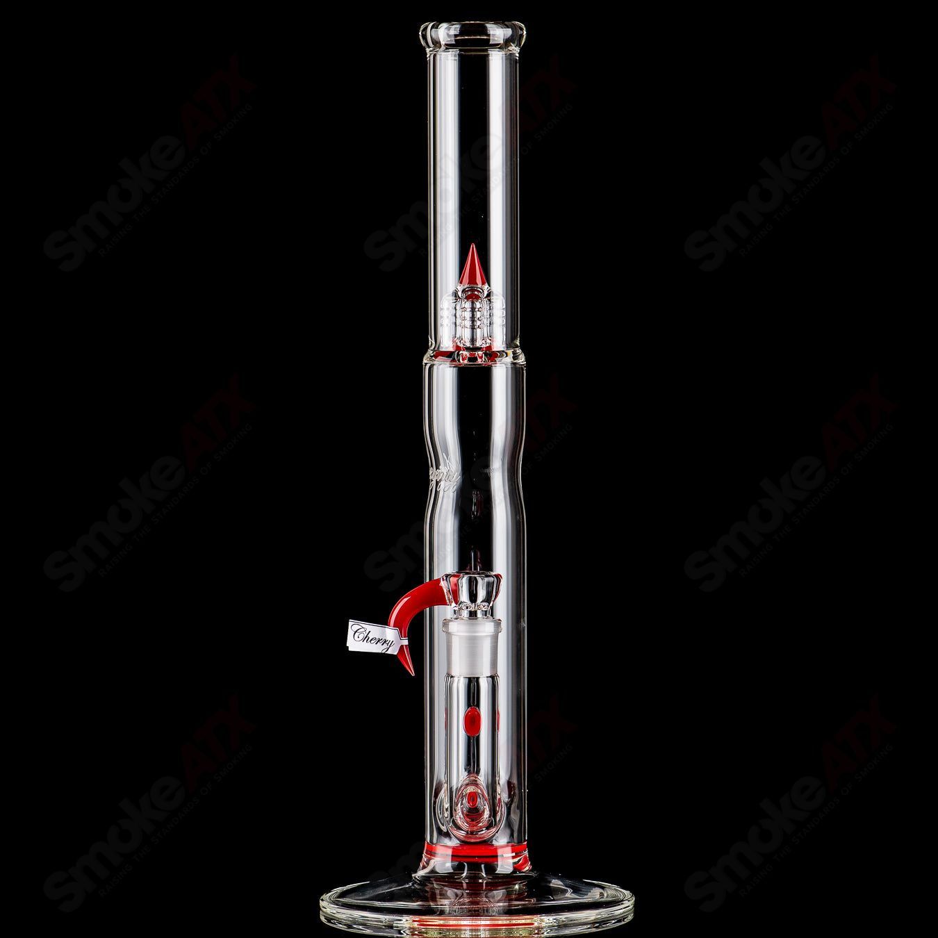 Sovereignty Glass Bishop Stemline Partial Accent with Body Reduction, clear straight tube glass piece with intricate design details