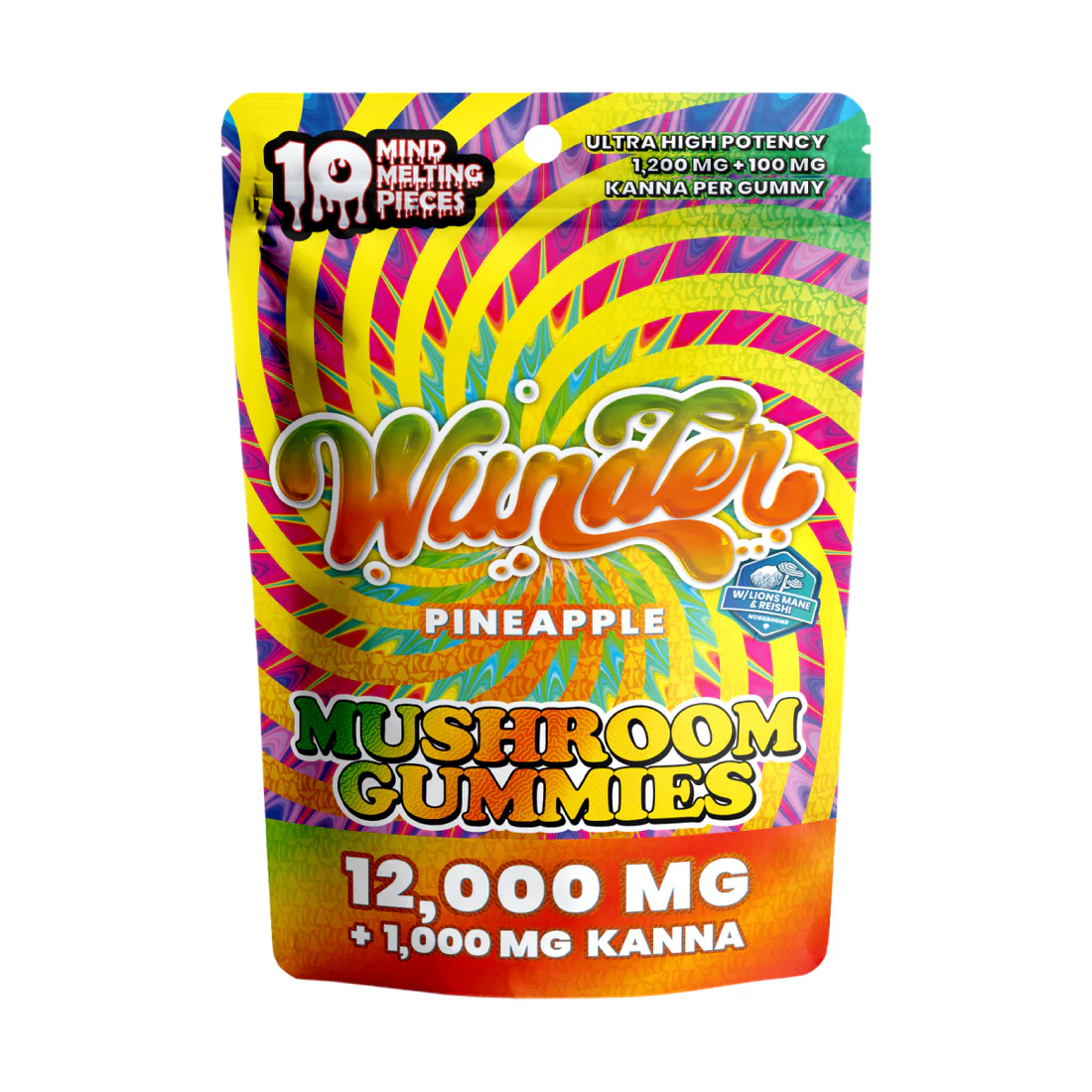 Wunder Pineapple Mushroom and Kanna Gummies in a clear container, showing 10 mushroom gummy pieces and a few Kanna gummies.