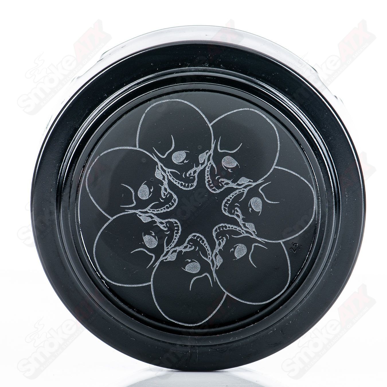 Black glass ashtray with bloodshed skull and circle pattern, Sovereignty Glass 420 product designed for smoking accessories.