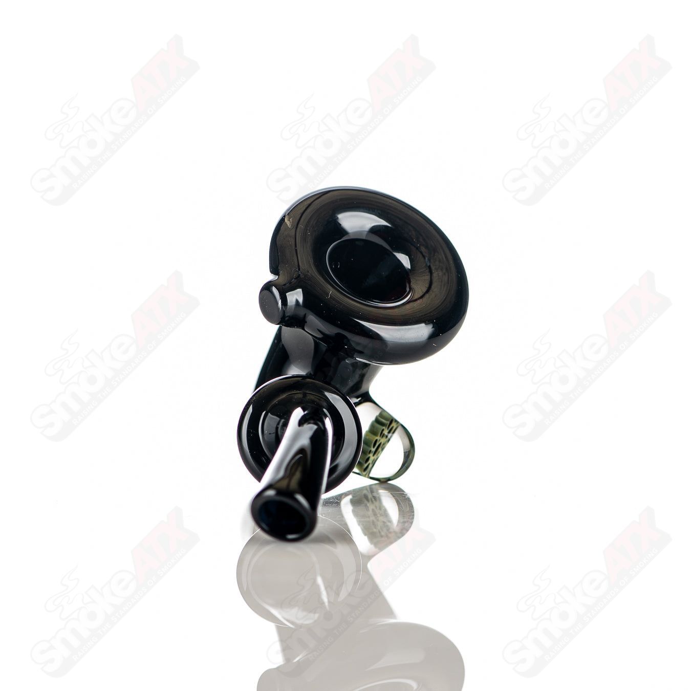 Black Hashlock Sherlocks glass pipe with milli accent detail by JMass, featuring a sleek black design and intricate glasswork.