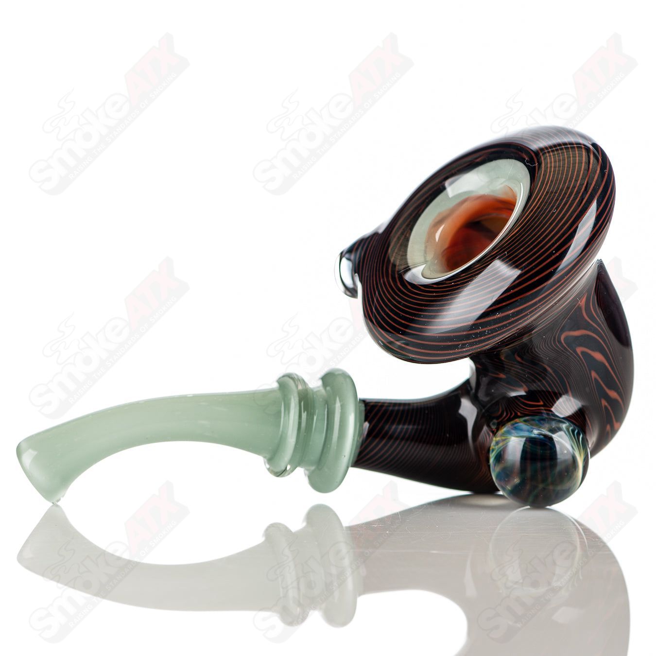 Black and orange Wig Wag Sherlock heady glass pipe with opal accent by JMass, featuring intricate glasswork and detailed design.