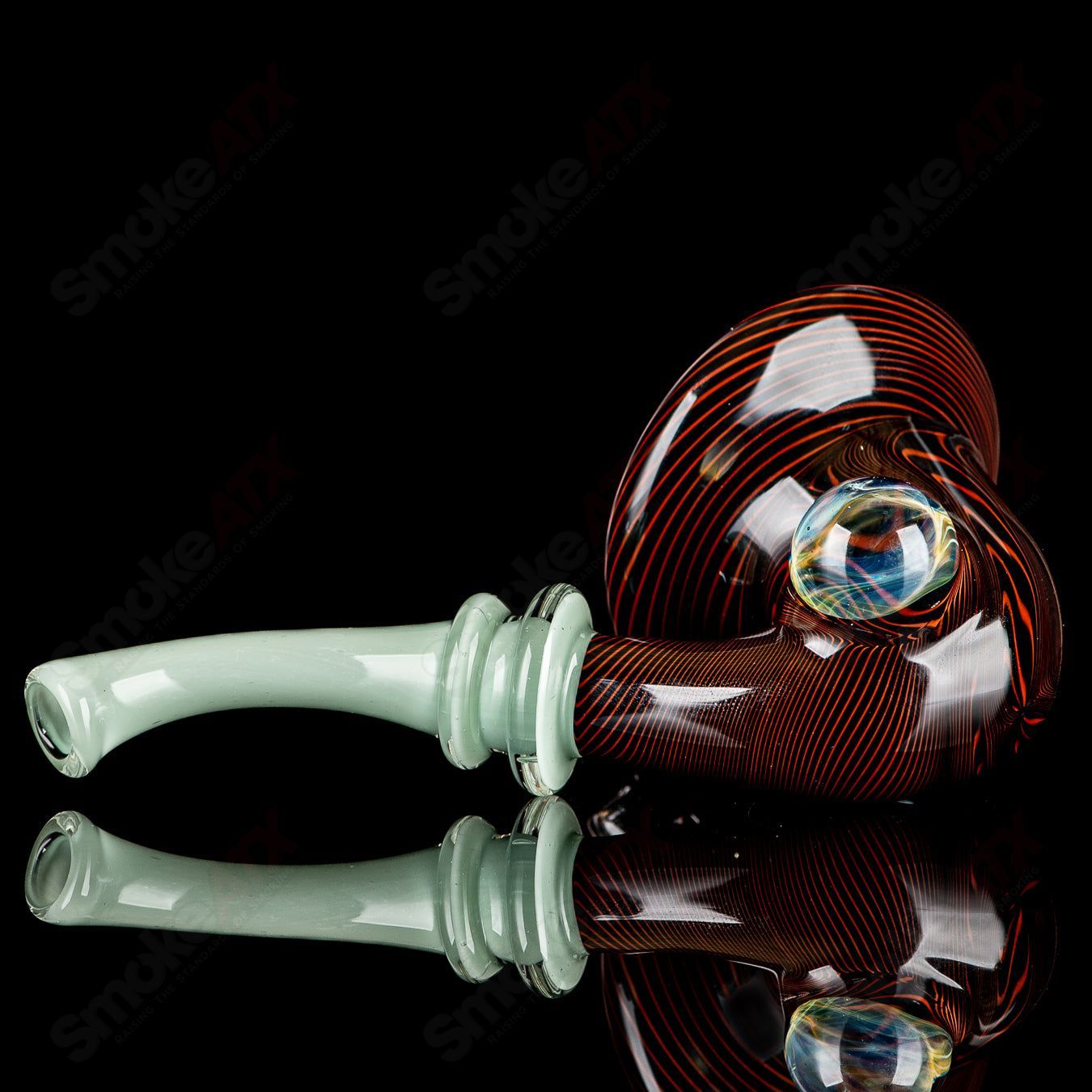 Black and orange Wig Wag Sherlock heady glass pipe with opal accent by JMass, featuring intricate glasswork and vibrant colors.