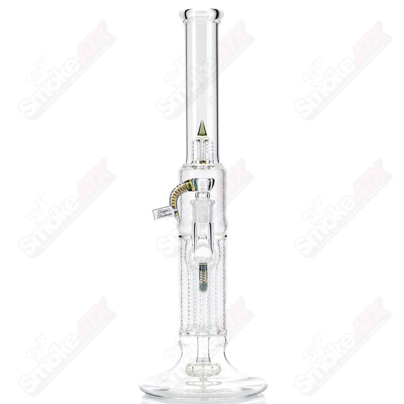 Sovereignty Glass Heady Glass piece with a straight neck, featuring Blasted Minor Deppe’s Darkness Peyote Hollow foot design.