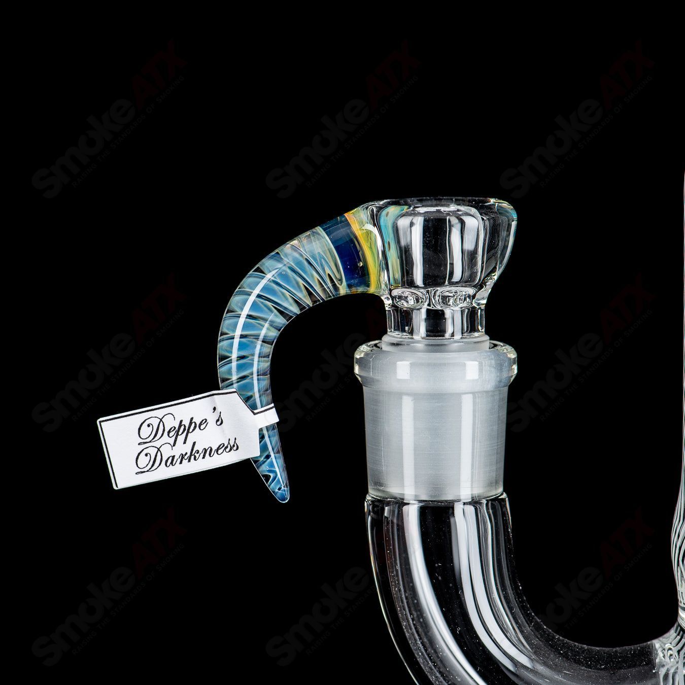 Heady glass pipe with straight neck, featuring a blasted minor Deppe’s Darkness Peyote Hollow foot by Sovereignty Glass.
