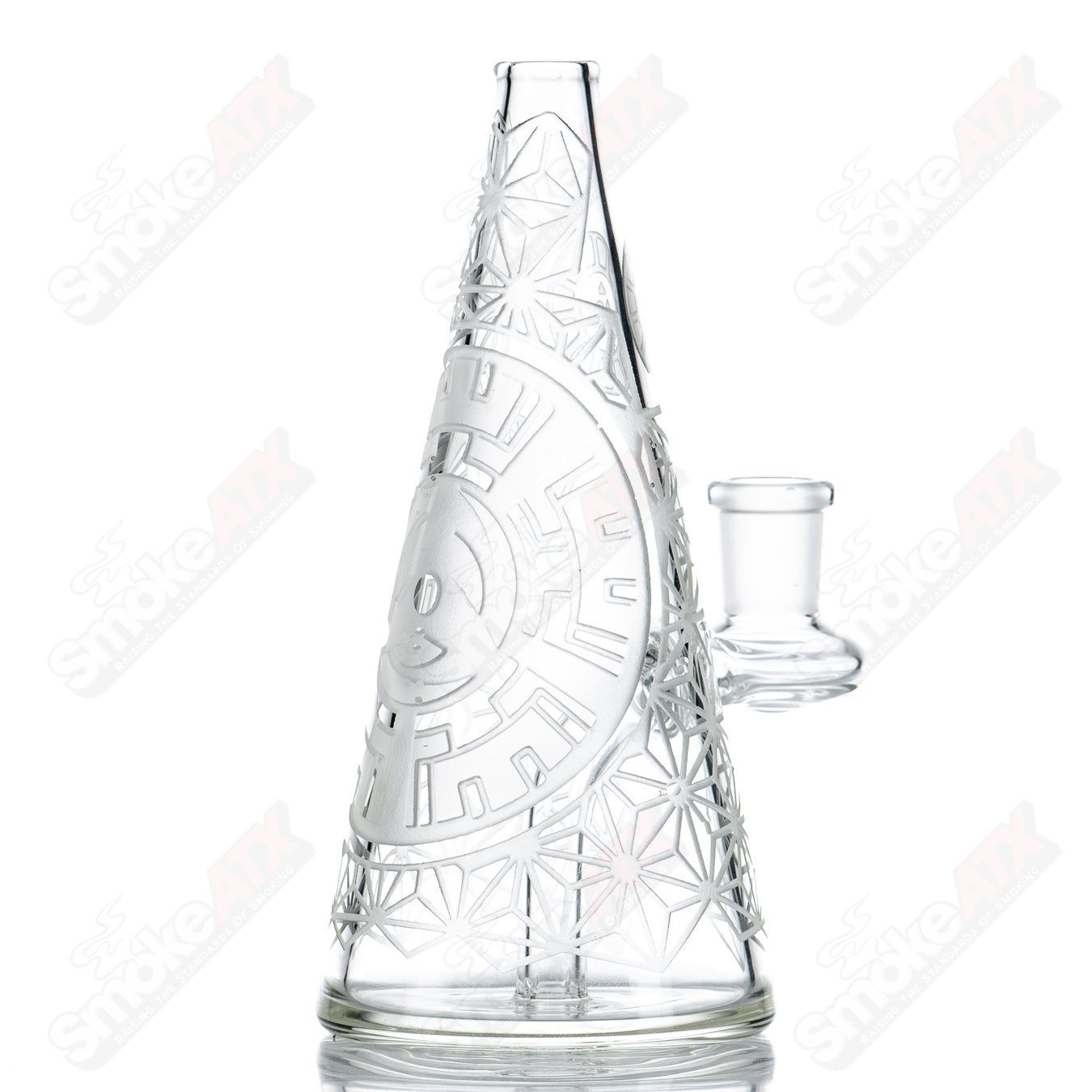 Milky Way Blasted Sacred G Stargate Cone Rig made of glass, designed for concentrate use with a unique Stargate-inspired shape.