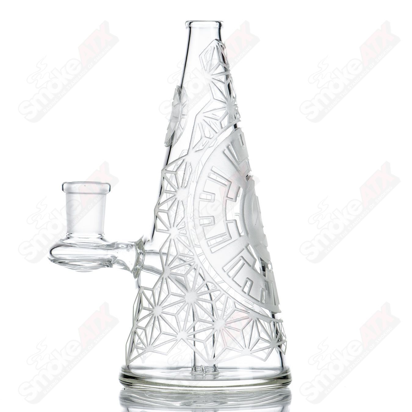 Milky Way Blasted Sacred G Stargate Cone Rig, clear glass concentrate rig with intricate Stargate design and colorful accents.