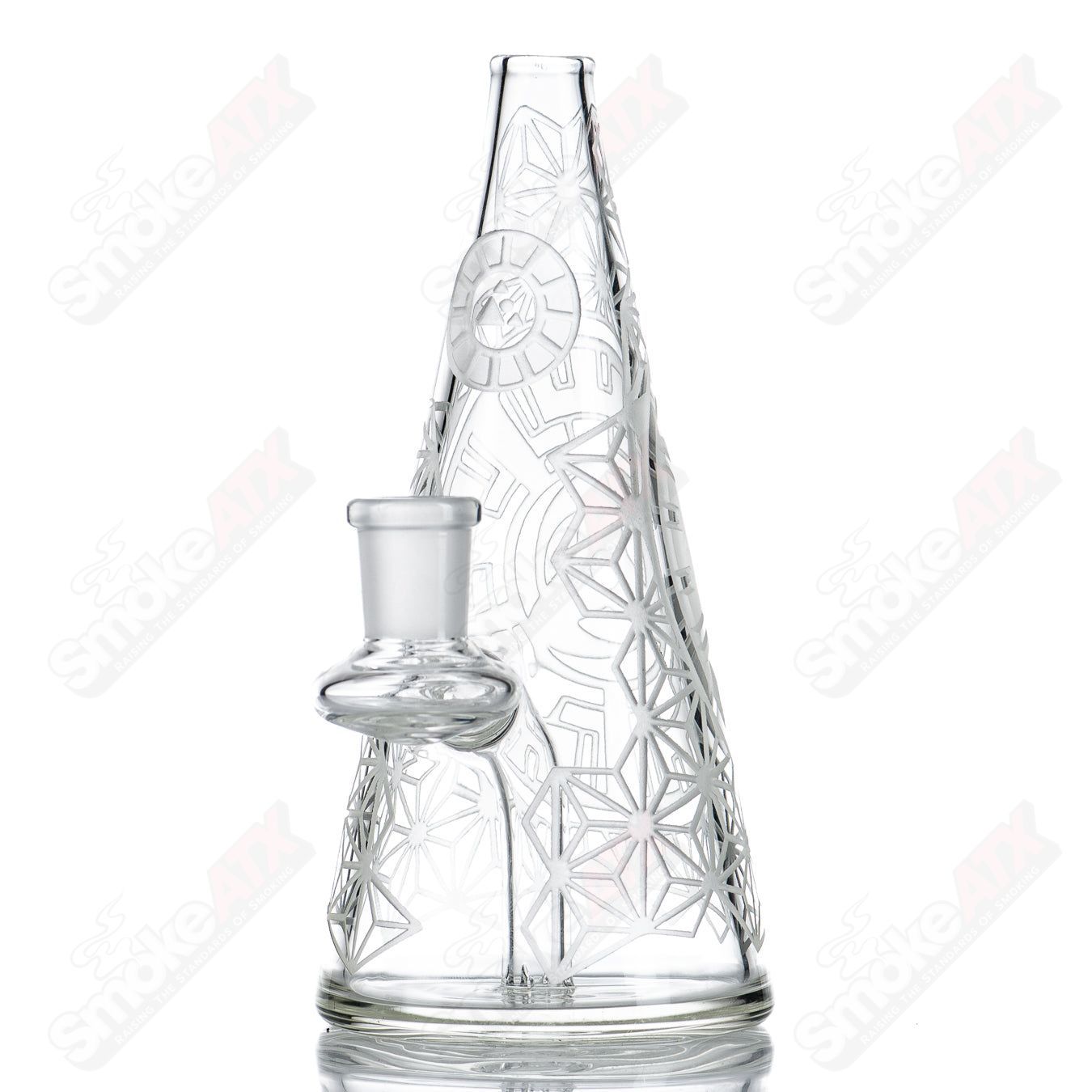 Milky Way Blasted Sacred G Stargate Cone Rig, glass concentrate rig with vibrant Stargate design, clear glass accents, and intricate detailing.