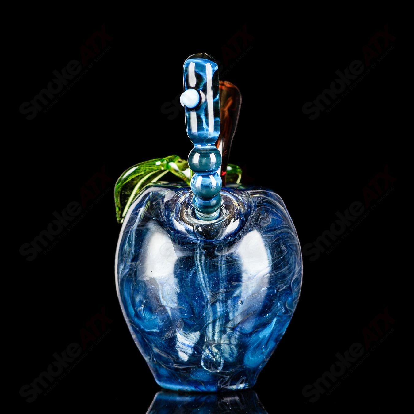Blue Apple Rig by Pouch Glass with Worm Dabber and pouch, featuring vibrant blue glass and intricate heady design for concentrates.