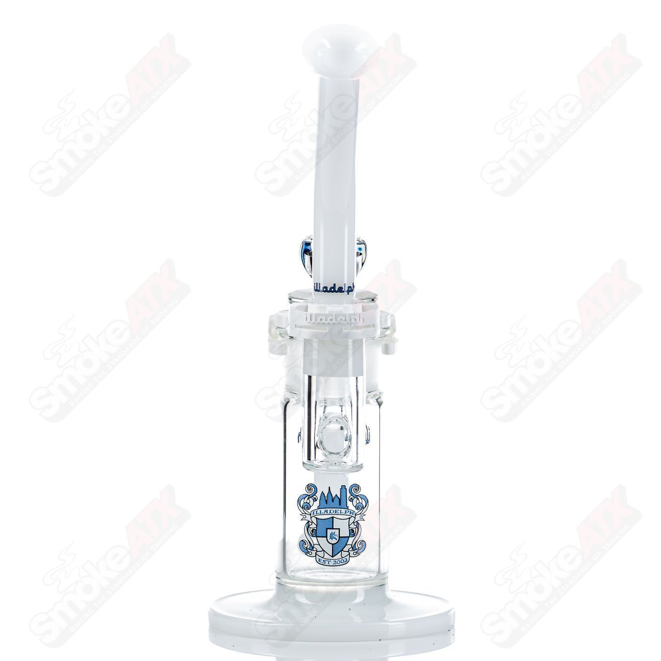 Blue Illadelph glass waterpipe bubbler with a sleek design and textured surface, perfect for smooth smoking sessions.