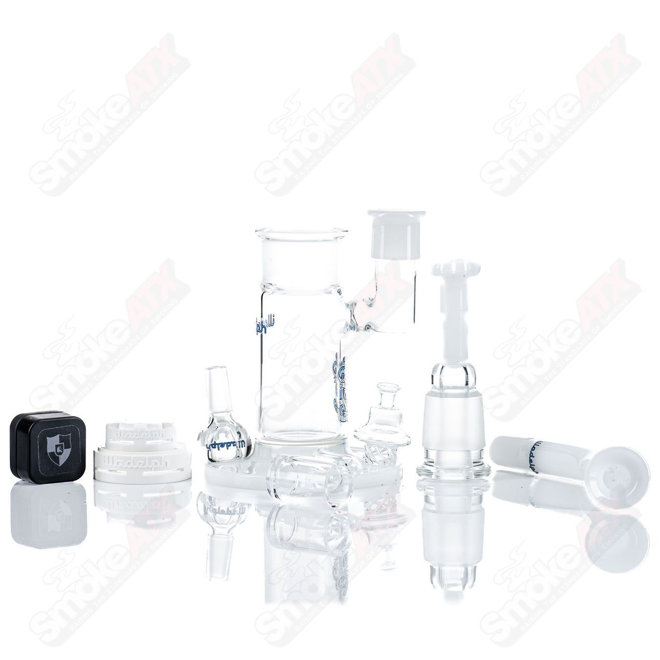 Blue Illadelph glass waterpipe bubbler with intricate design and clear glass accents, perfect for smooth smoking experiences.