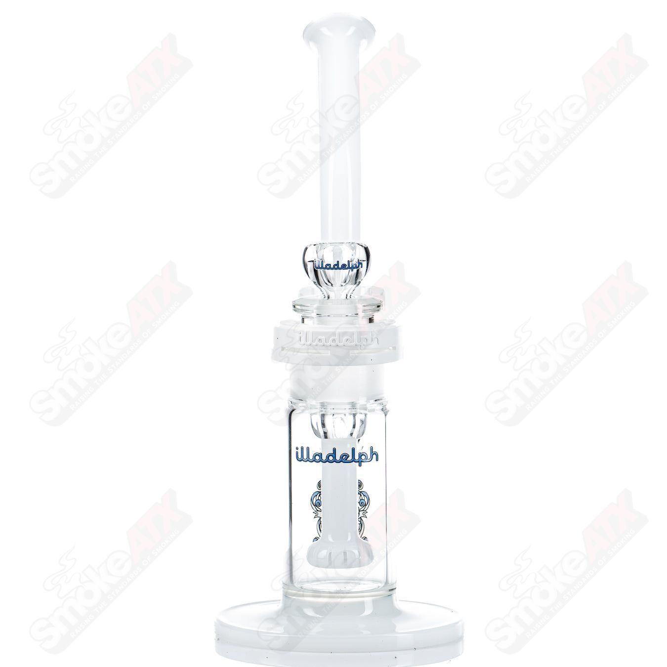 Blue Illadelph glass waterpipe bubbler with intricate design and clear glass accents, perfect for smooth smoking sessions.