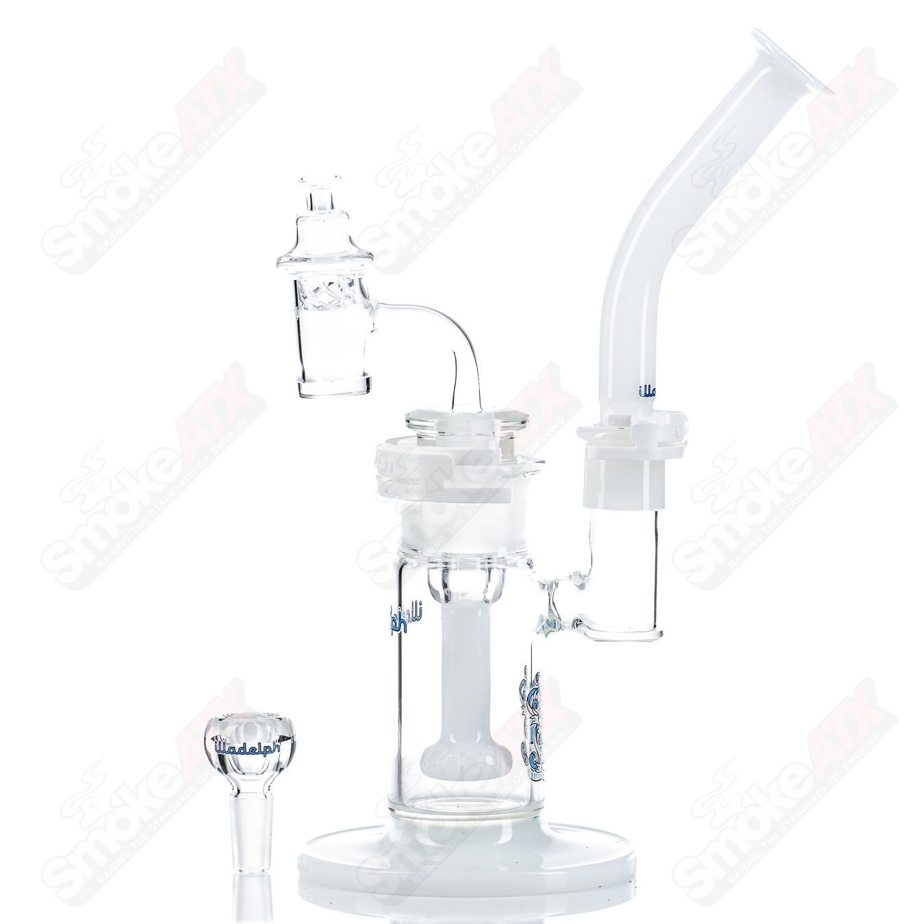 Blue Illadelph glass waterpipe bubbler with a sleek design, featuring a vibrant blue color and detailed craftsmanship.