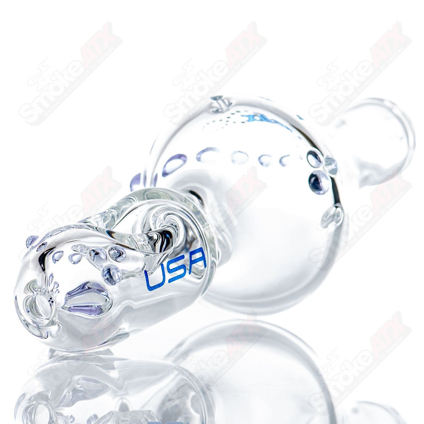 Blue Label Medium Classic Hybrid Steam Roller glass pipe by American Helix with a blue and clear design and smooth finish.