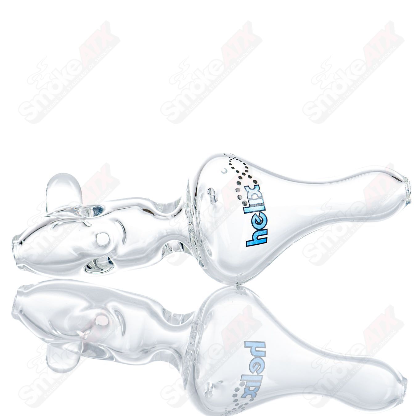 Blue Label Micro Classic Hybrid Steam Roller glass pipe by American Helix, featuring a compact design and clear blue accents.