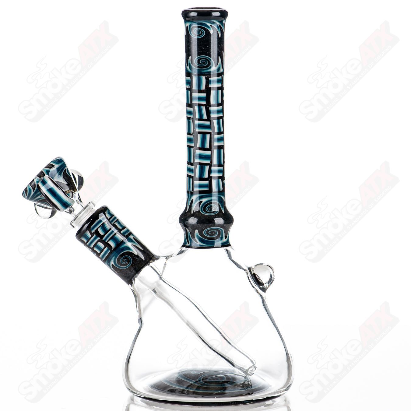 Blue patchwork mini beaker set by Dale Sommers Glass, featuring colorful heady glass with intricate design details.