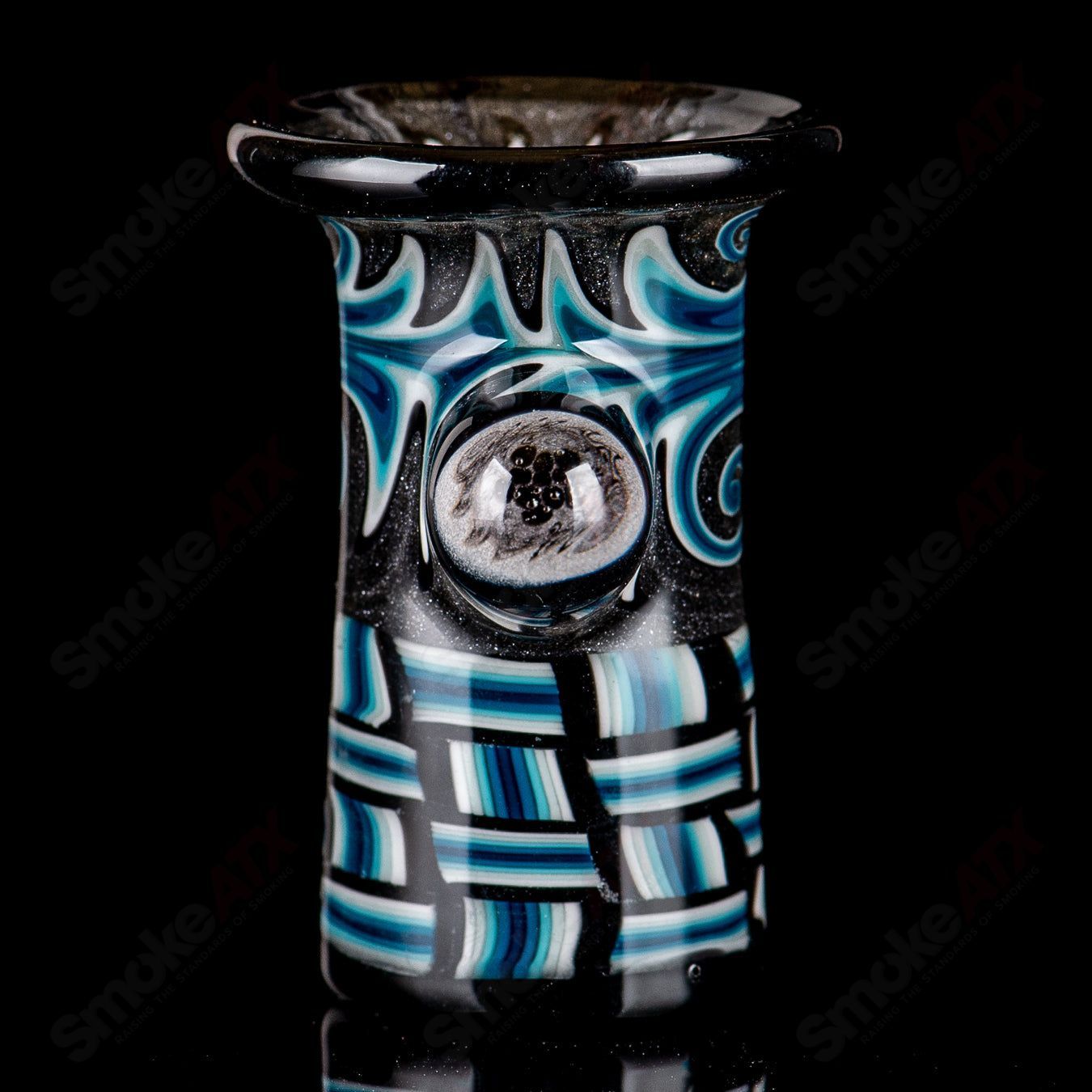 Blue patchwork mini beaker set by Dale Sommers Glass, featuring colorful heady glass design and intricate craftsmanship.