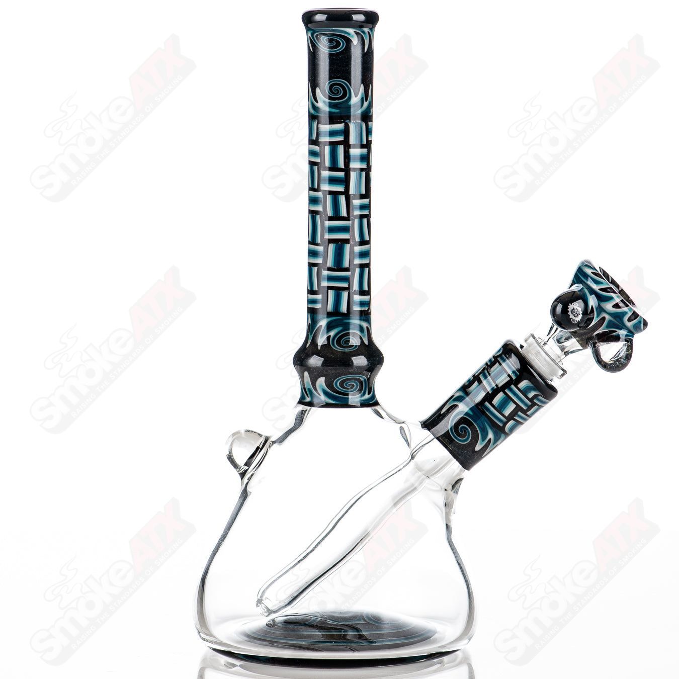 Blue patchwork mini beaker set by Dale Sommers Glass, showcasing colorful heady glass craftsmanship with intricate design details.
