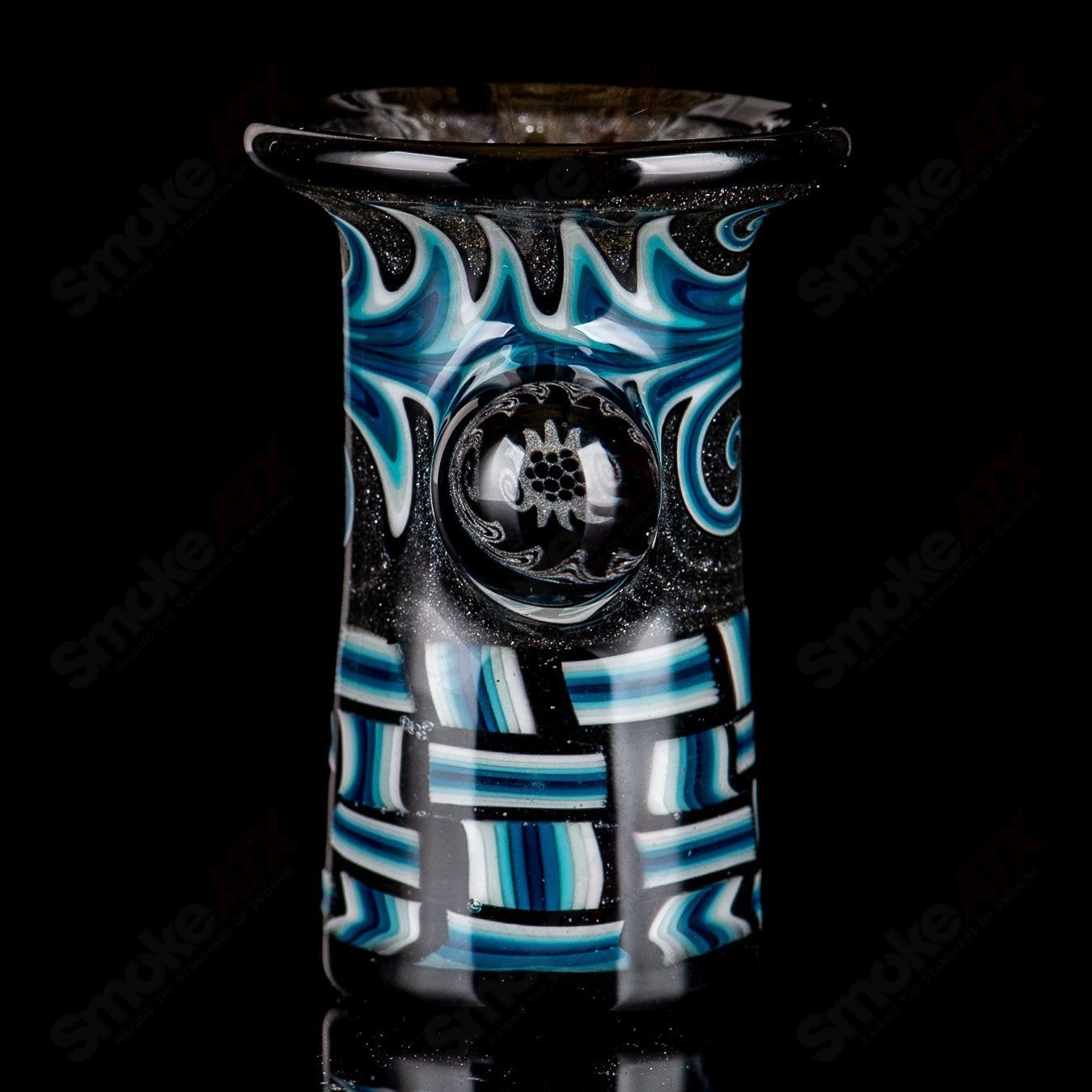 Blue patchwork mini beaker set by Dale Sommers Glass, featuring colorful heady glass with intricate patchwork design.