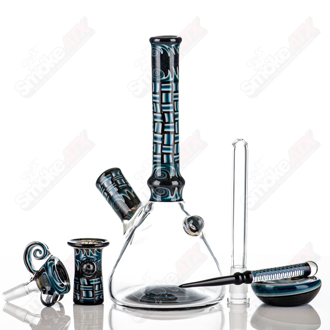 Blue patchwork mini beaker set by Dale Sommers Glass, featuring colorful heady glass with intricate patchwork designs.